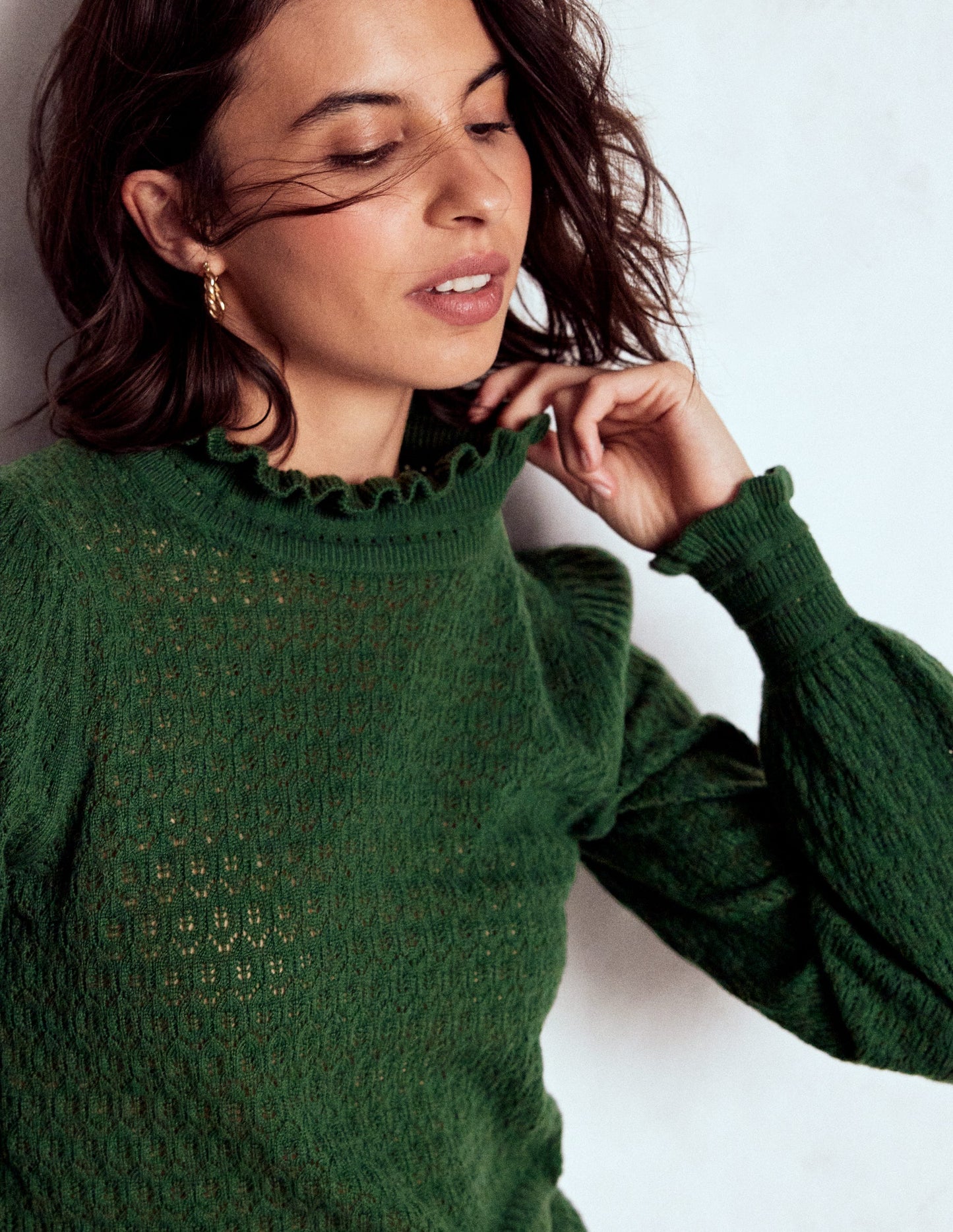 Pointelle Ruffle Jumper-Hunter Green