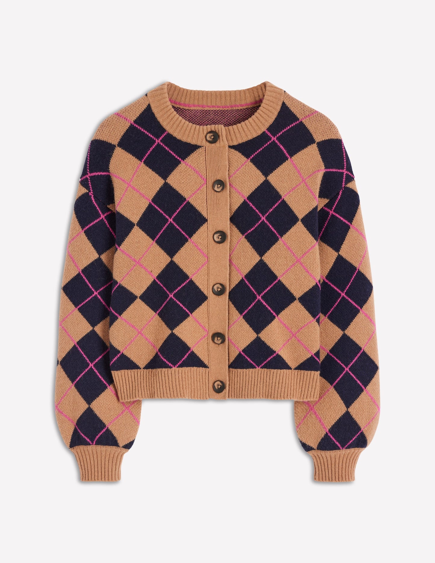 Abi Jacquard Cardigan-Camel, Navy Argyle