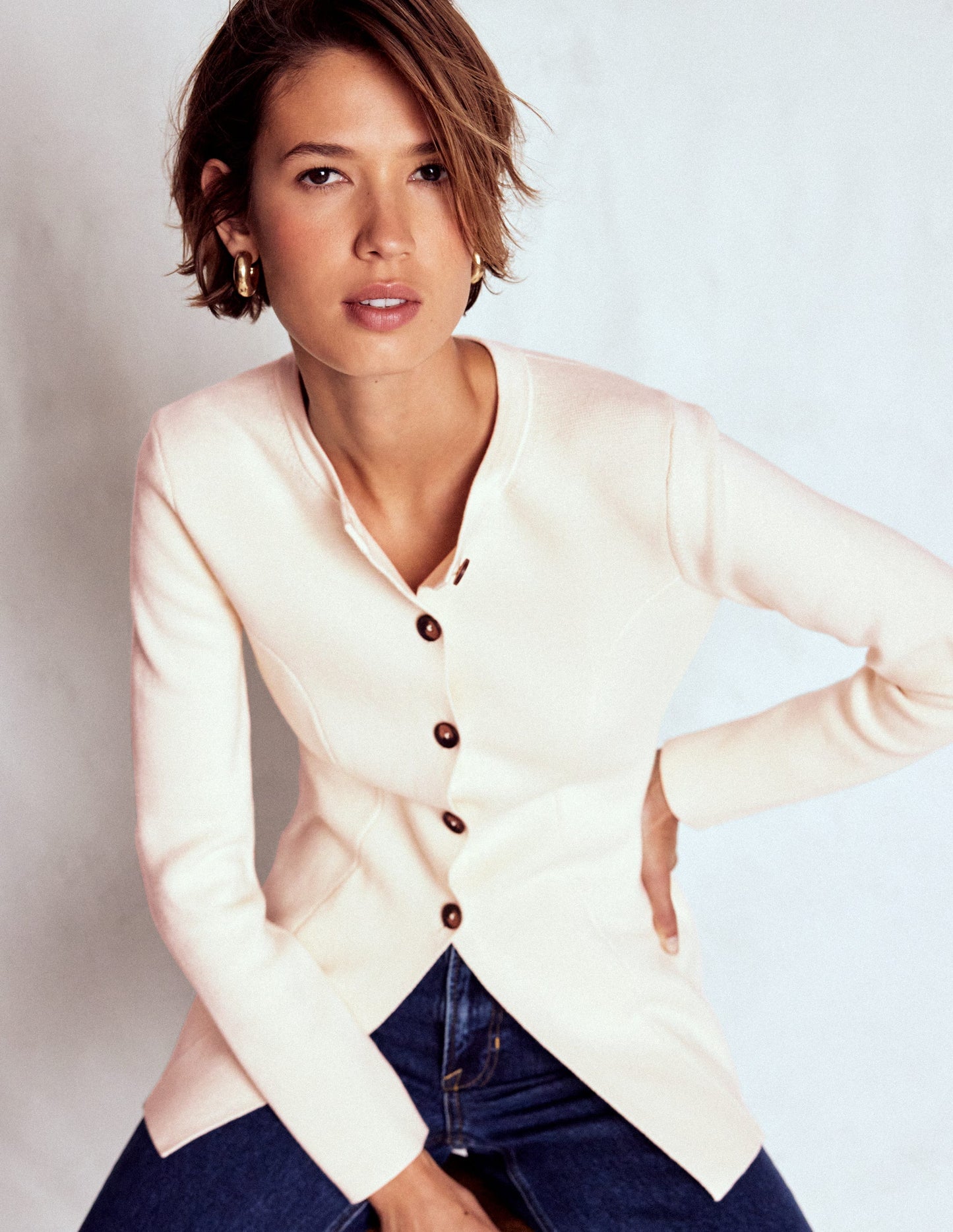 Joanna Fitted Knitted Jacket-Warm Ivory