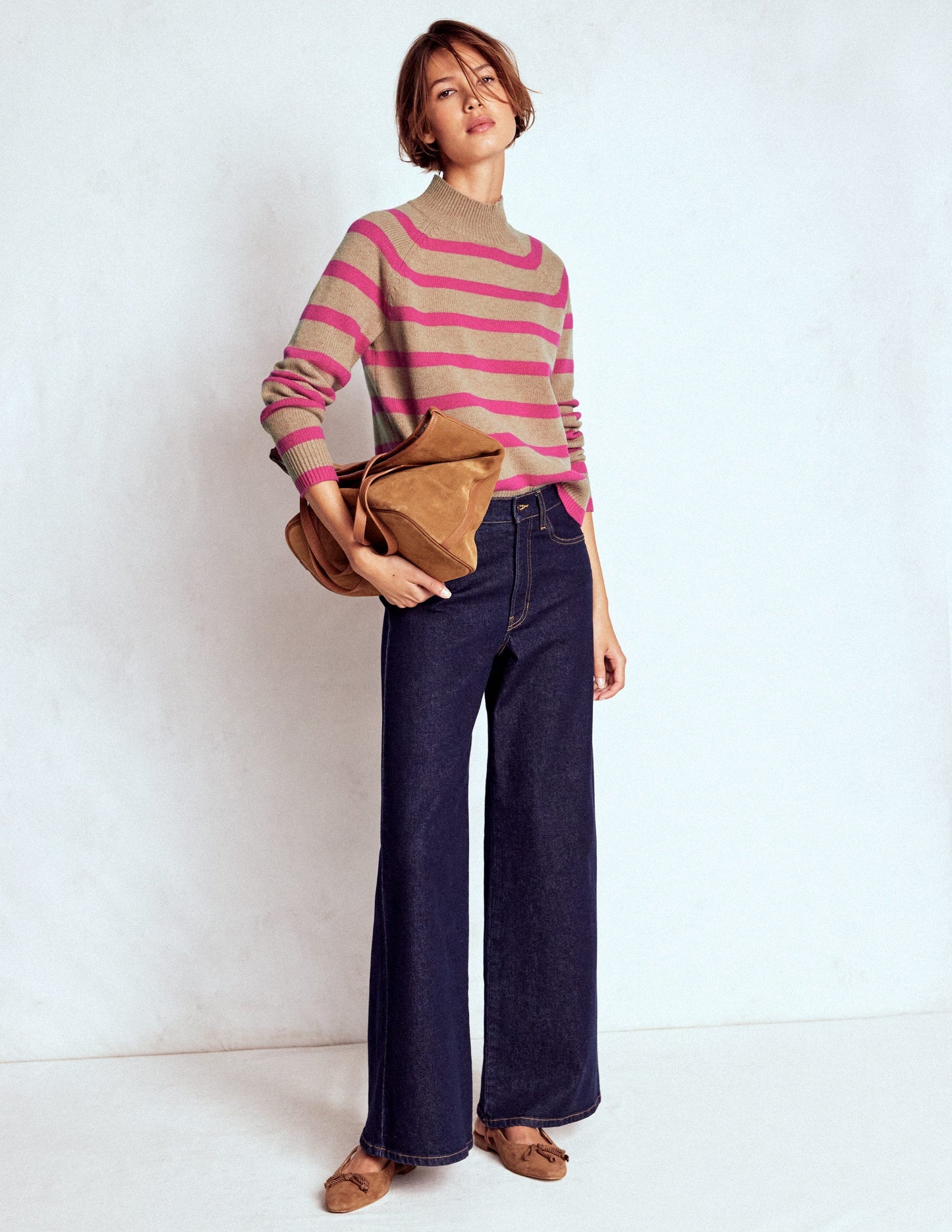 Marion Merino High Neck Jumper-Camel, Brilliant Pink Stripe