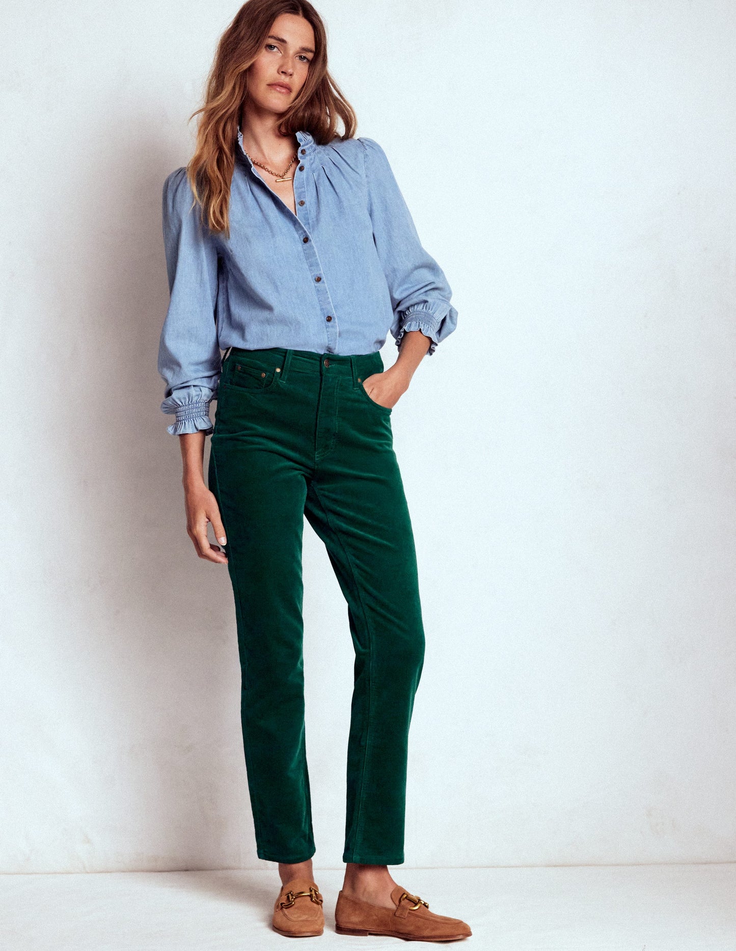 High-Waisted Cord Slim Jeans-Emerald Night
