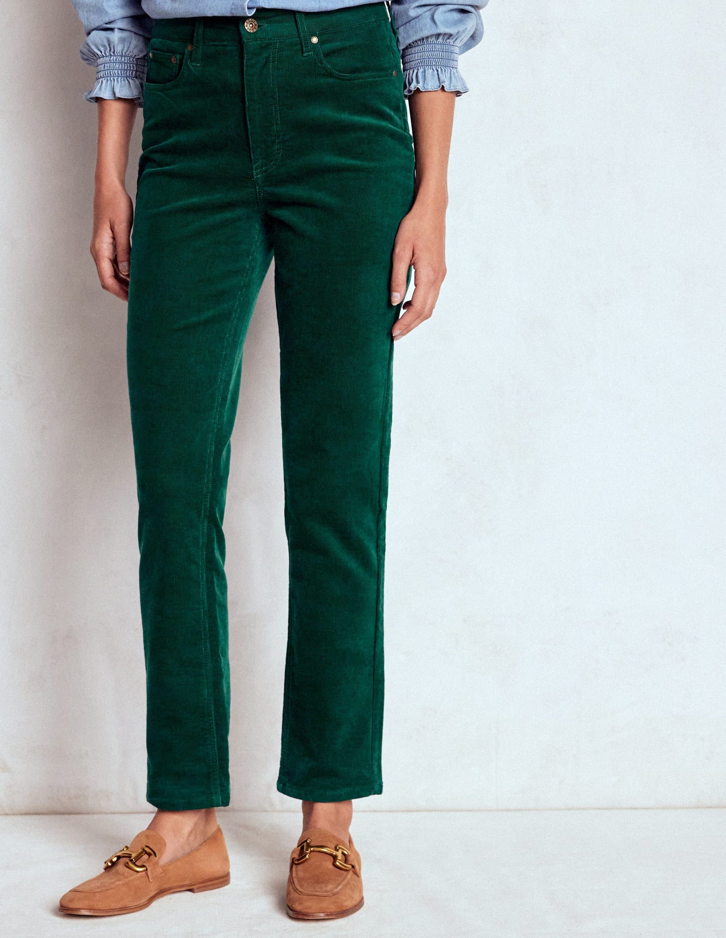 High-Waisted Cord Slim Jeans-Emerald Night