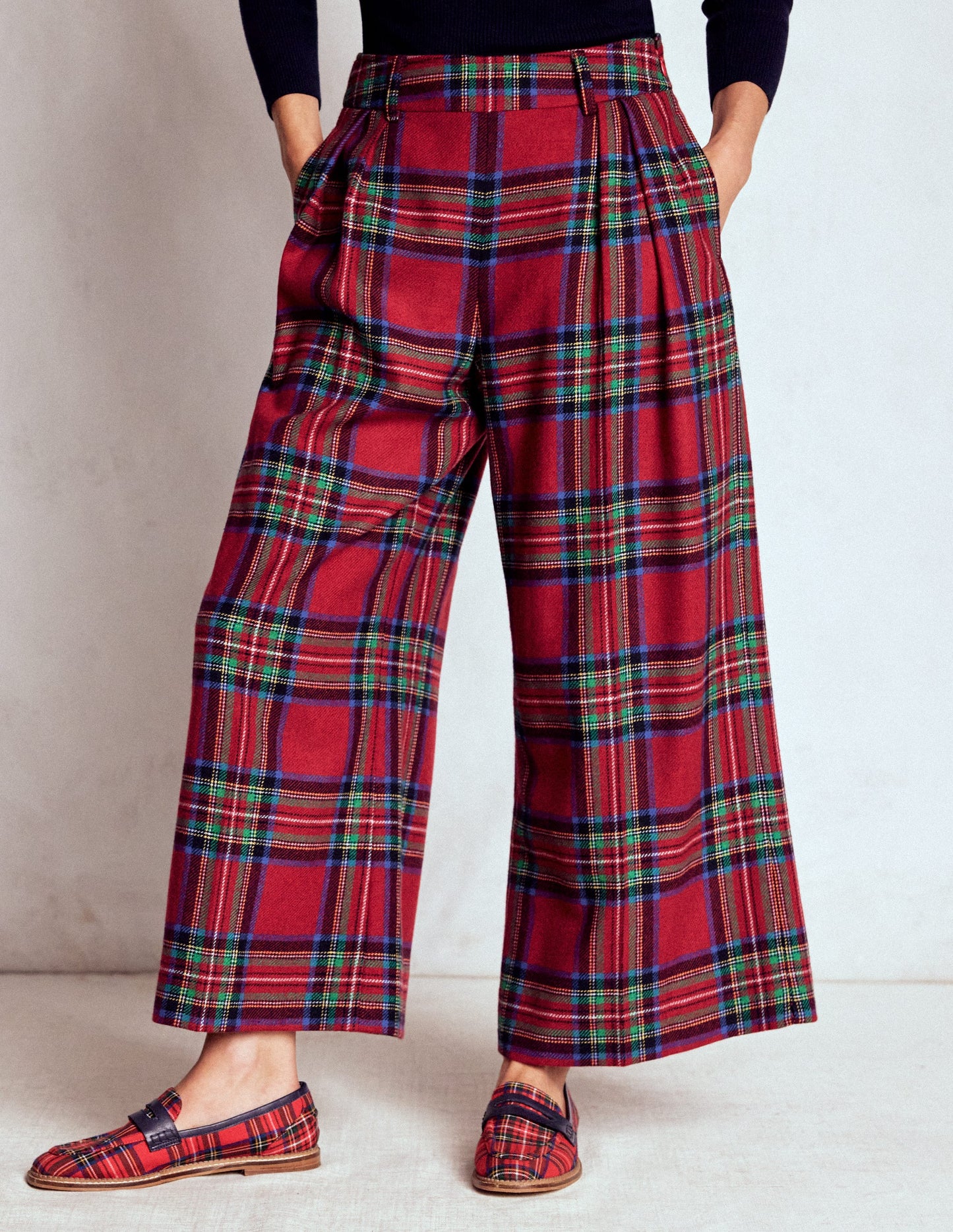 Pleated Wool Culottes-Red, Blue and Green Check