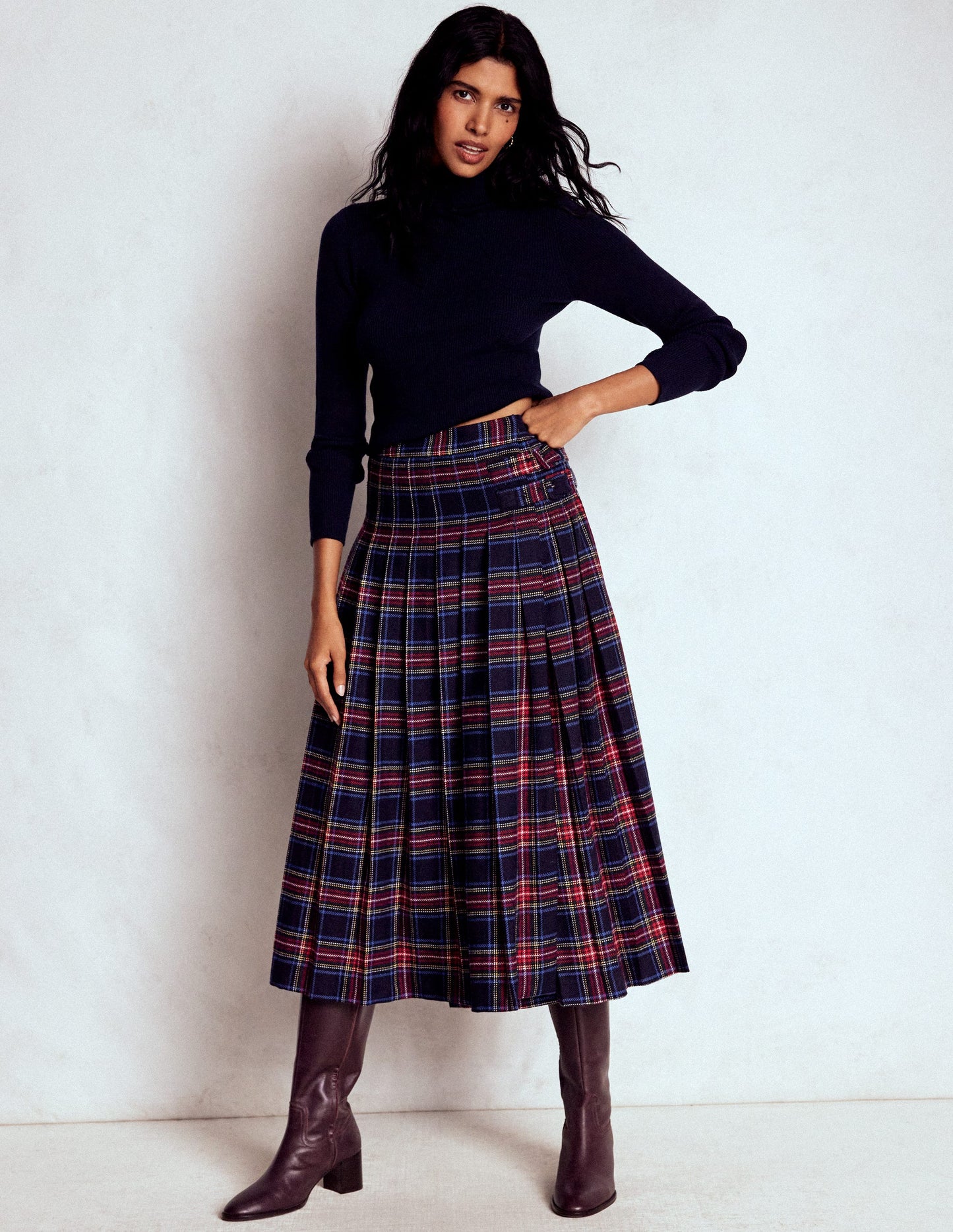 Josephine Wool Kilt Skirt-Navy, Green and Red Check
