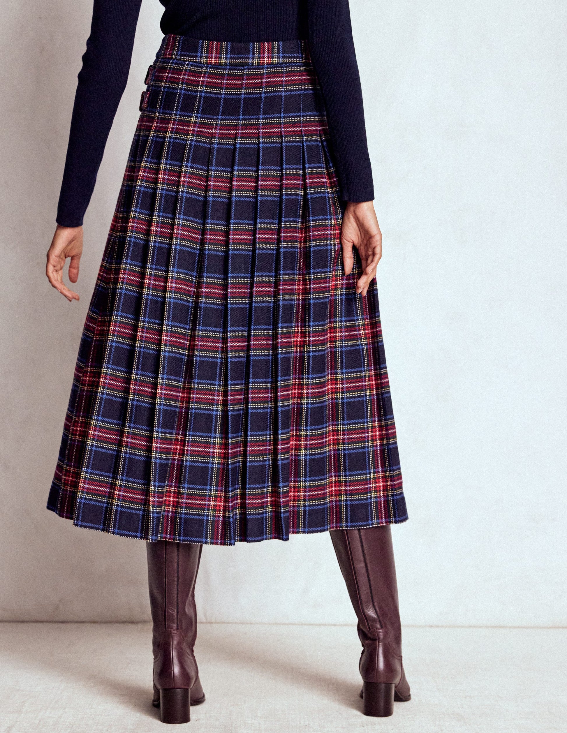 Josephine Wool Kilt Skirt-Navy, Green and Red Check-4
