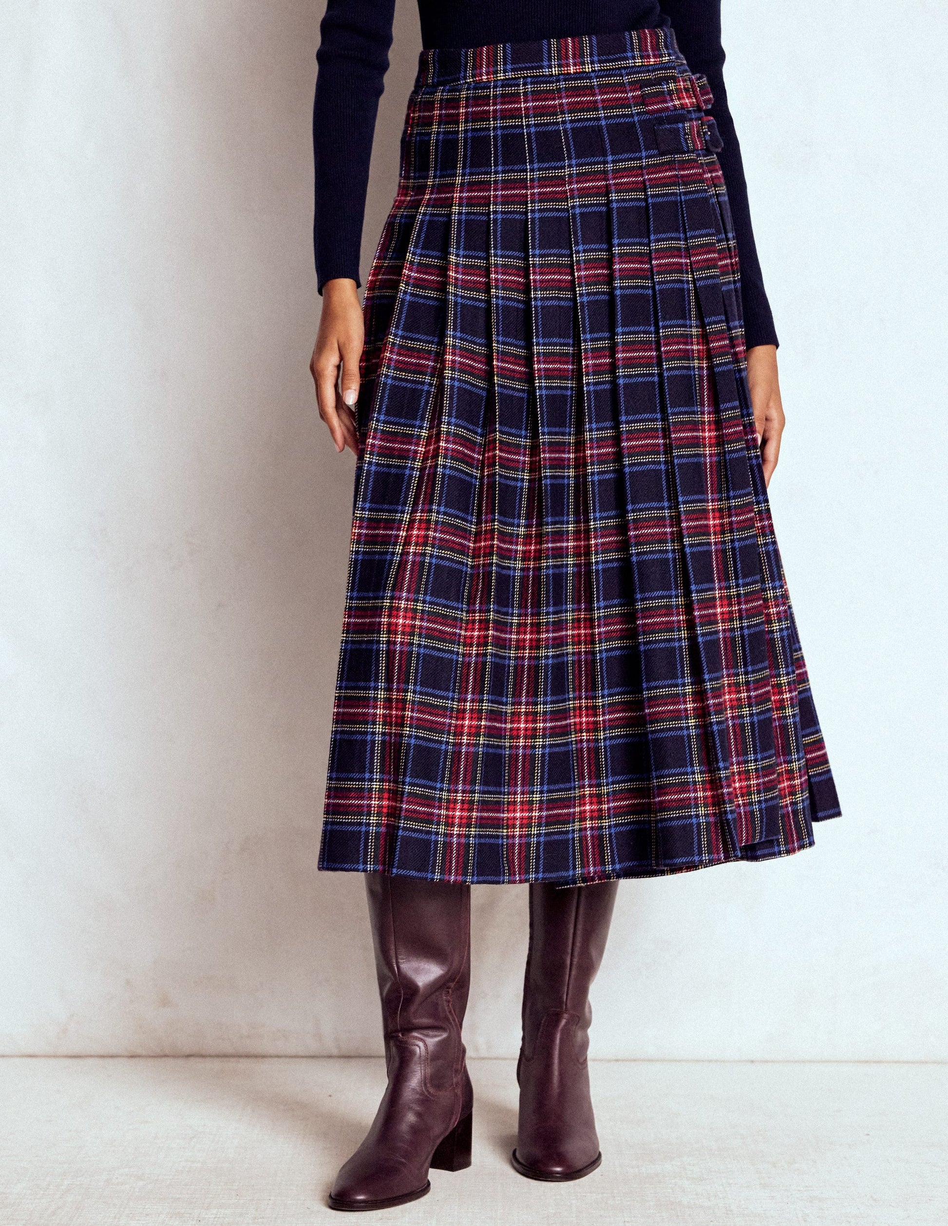 Josephine Wool Kilt Skirt-Navy, Green and Red Check-5