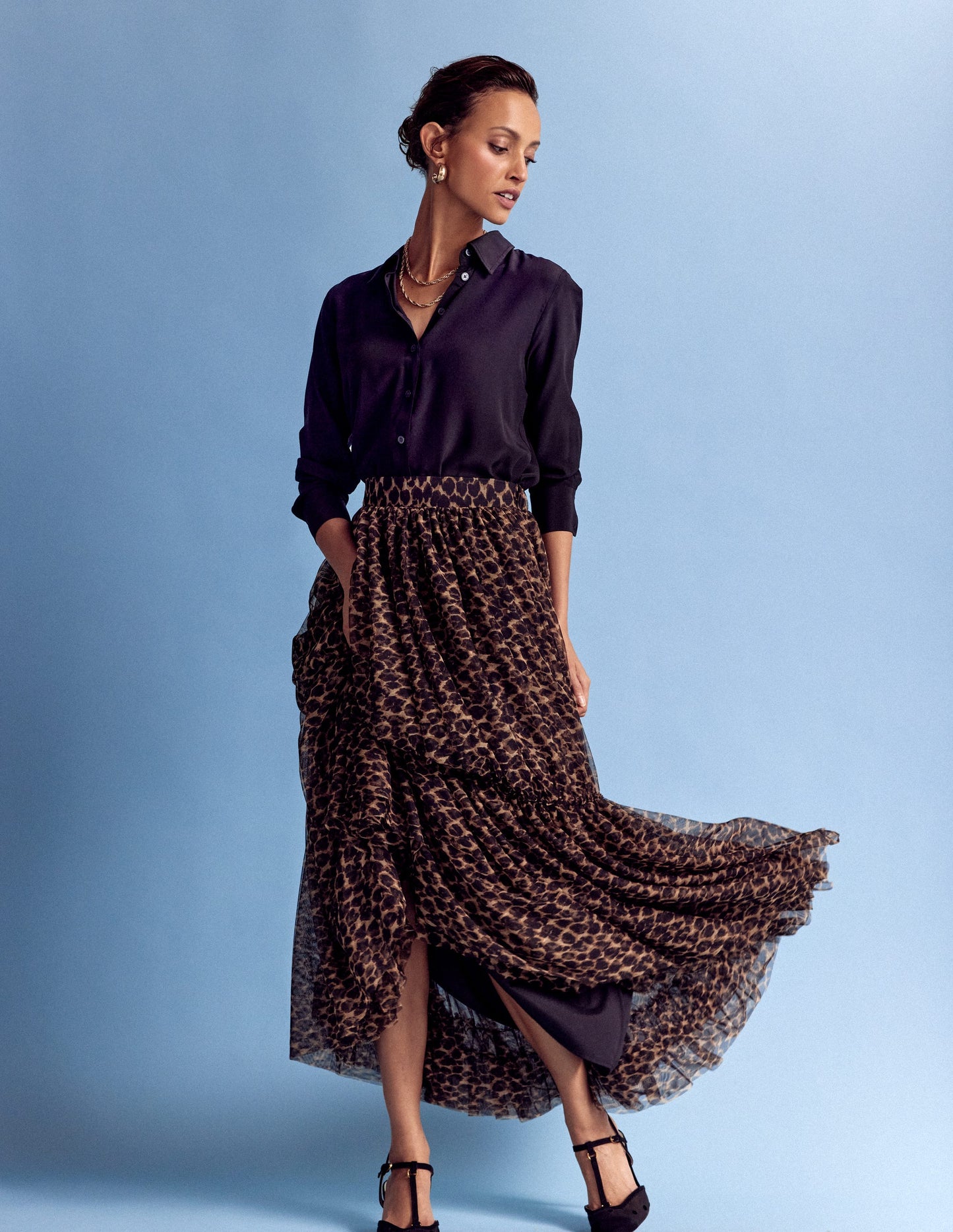 Anna Tulle Midi Skirt-Leopard
