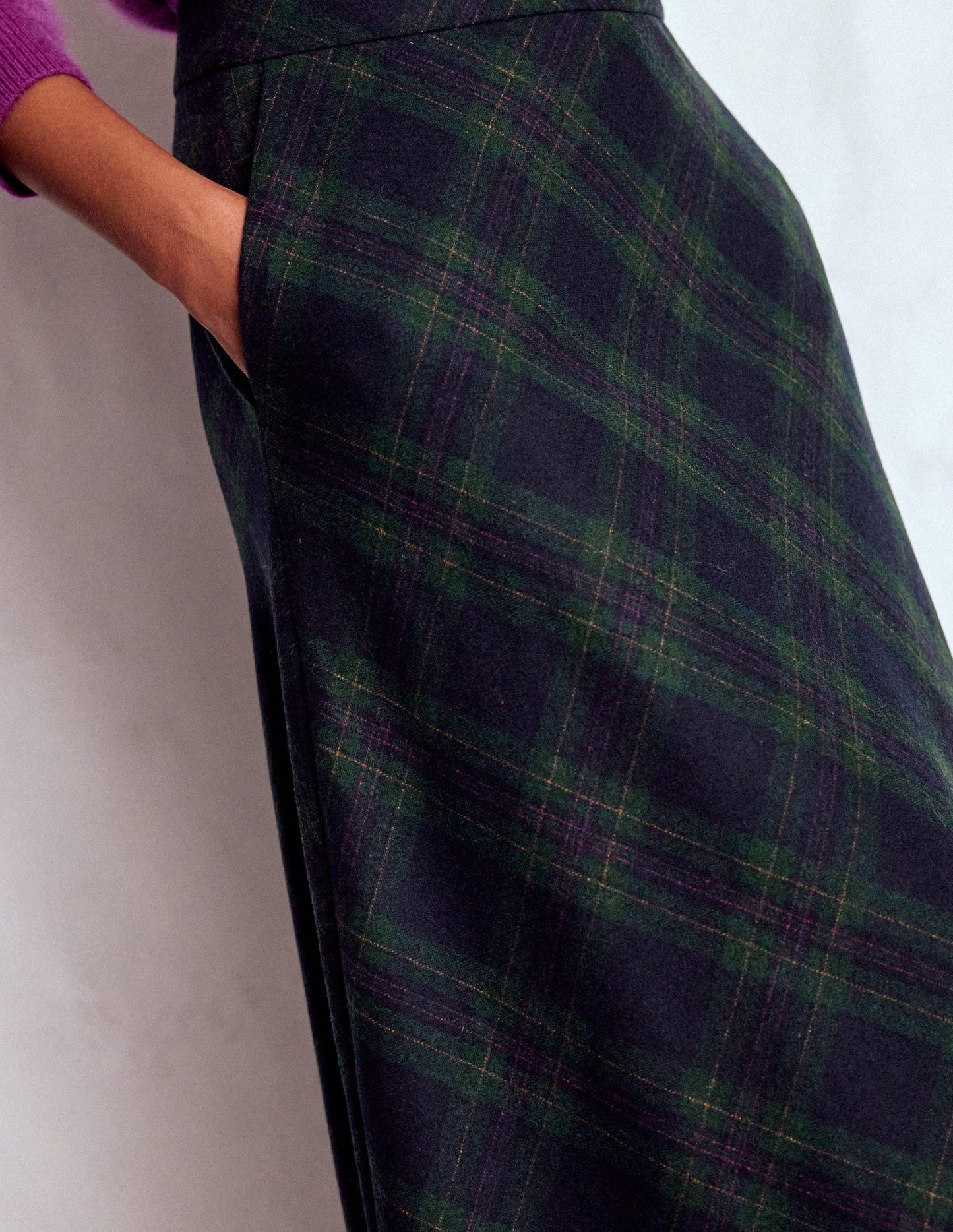 Hayley Wool Midi Skirt-Navy and Green Tonal Check