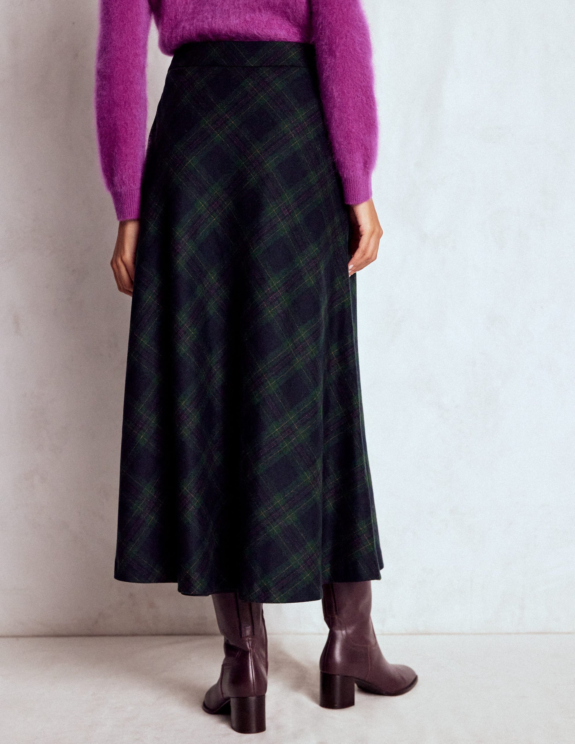 Hayley Wool Midi Skirt-Navy and Green Tonal Check-4