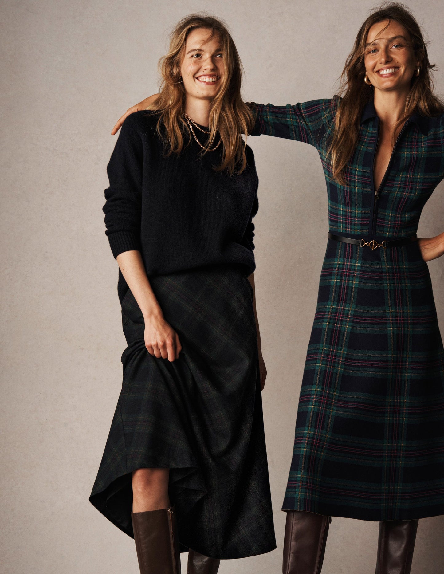 Hayley Wool Midi Skirt-Navy and Green Tonal Check