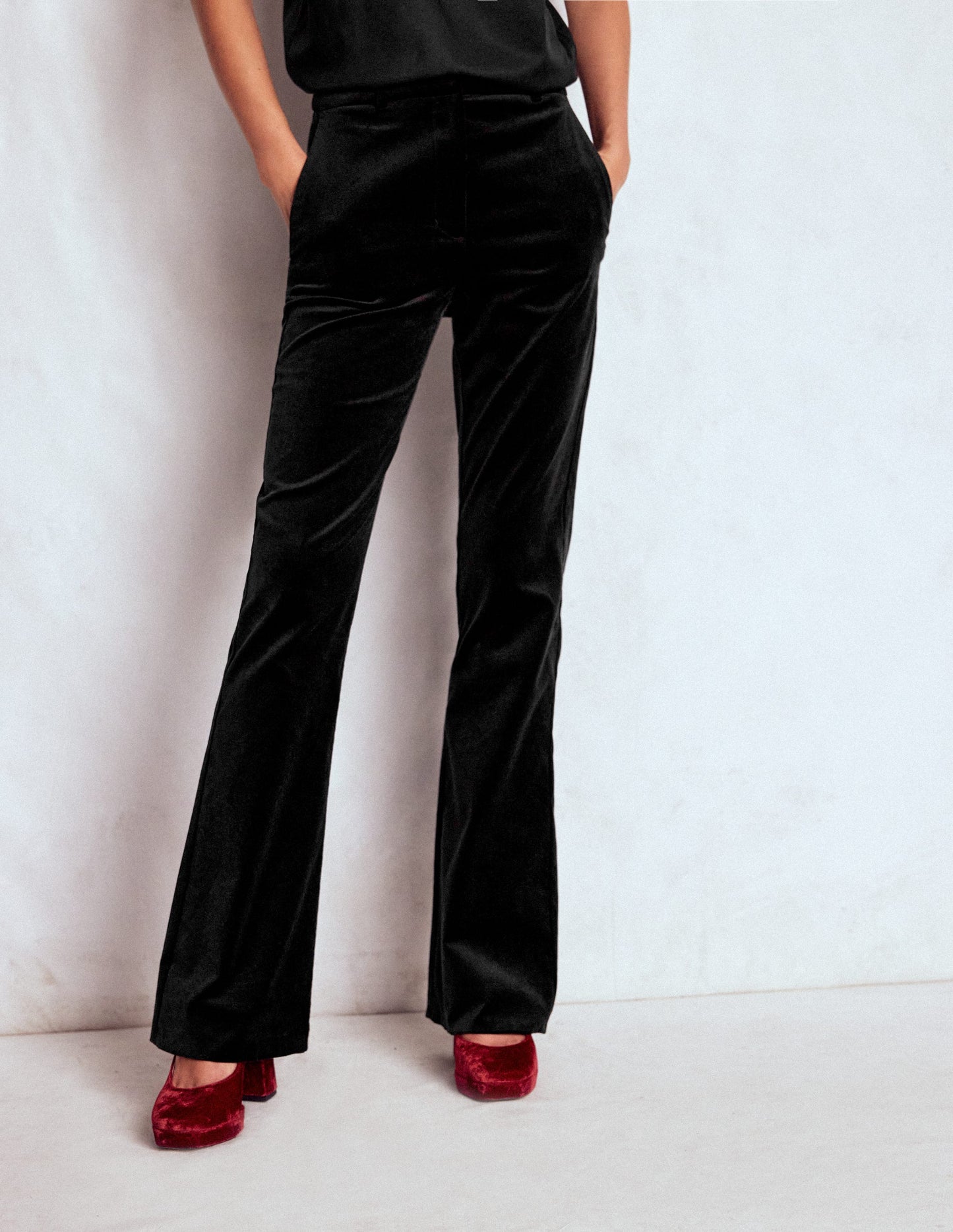 Fitted Velvet Flare Trousers-Black