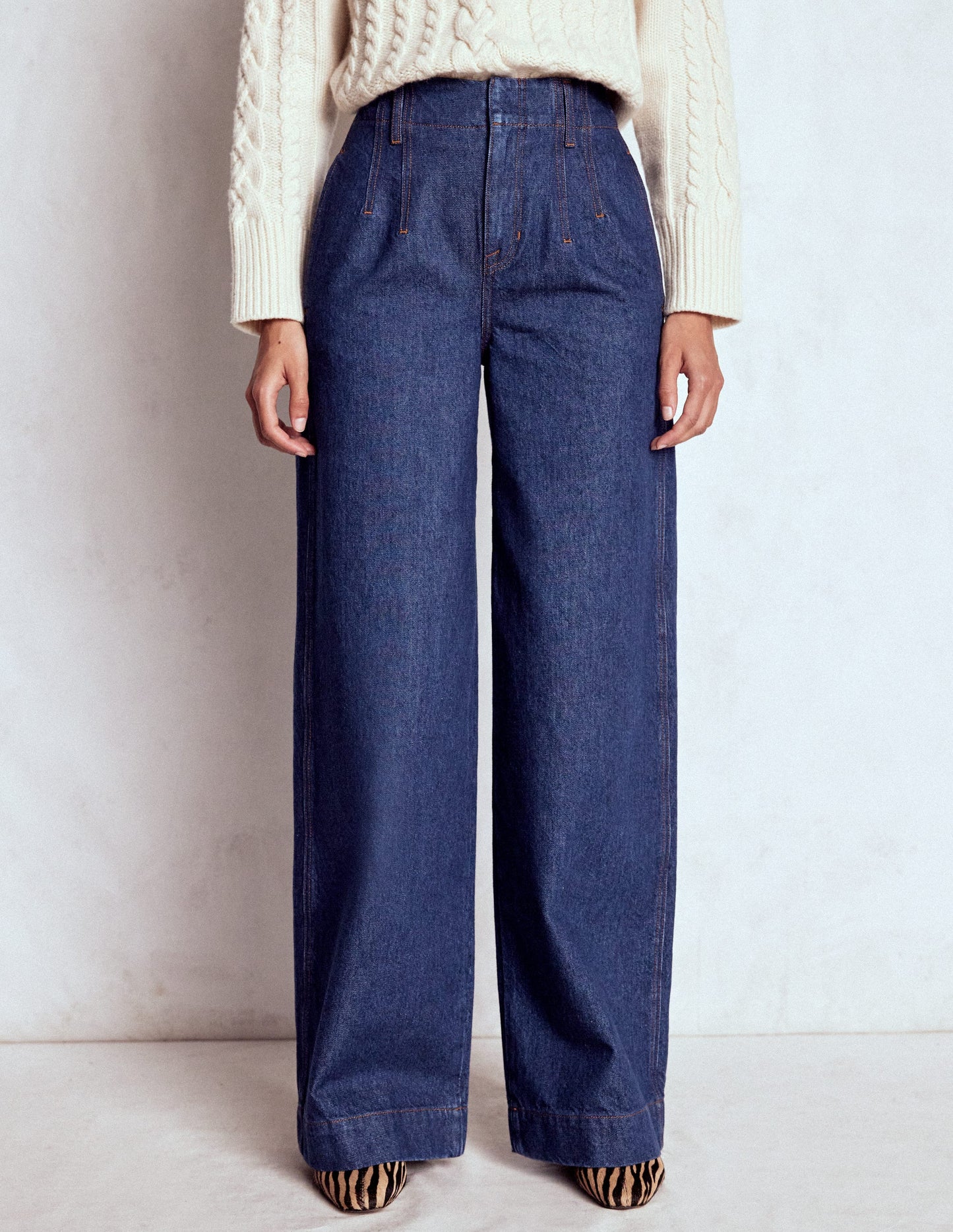 Stitch Detail Wide Leg Jeans-Indigo