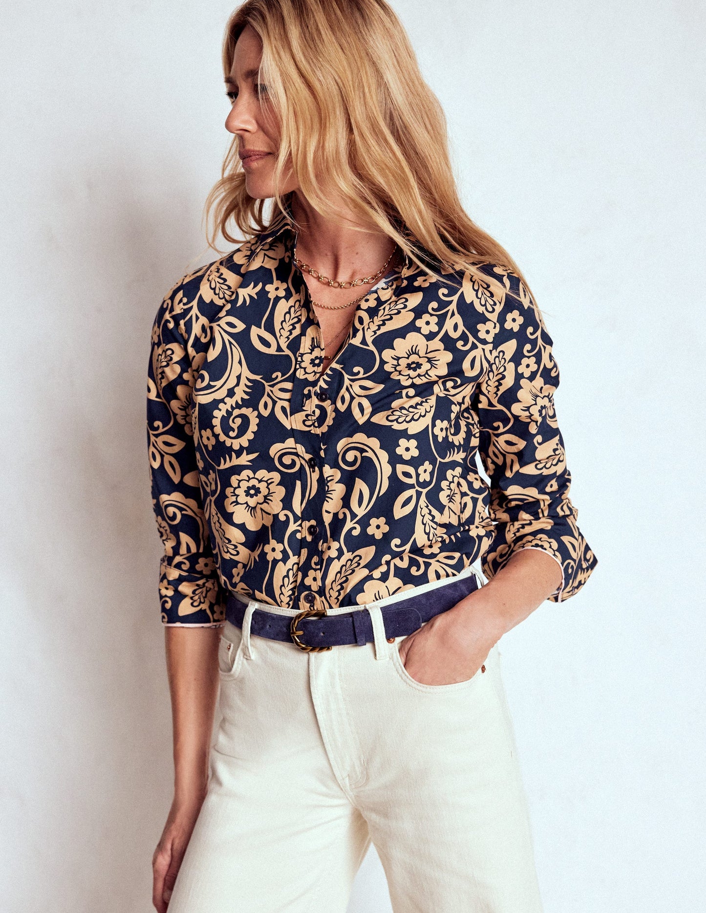 Sienna Cotton Shirt-French Navy, Ornate Flora