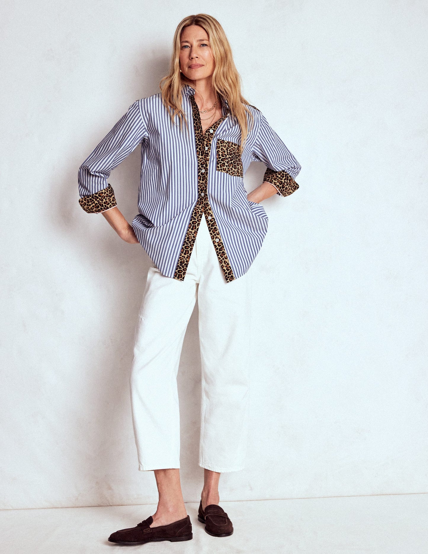 Sadie Relaxed Cotton Shirt-Blue Stripe, Cheetah Pop Hotch