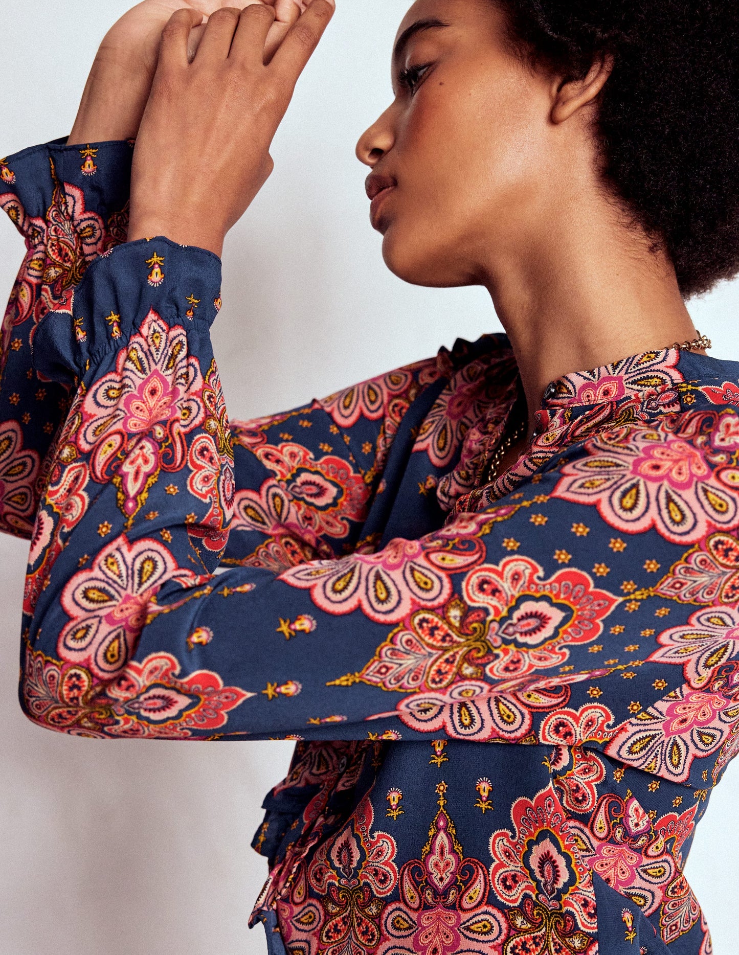 Alice Frill Front Silk Top-Navy, Embellished Paisley