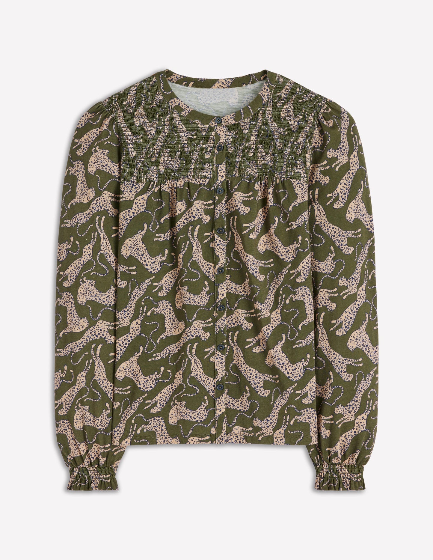 Elsa Smocked Yoke Jersey Shirt-Green, Leaping Leopard