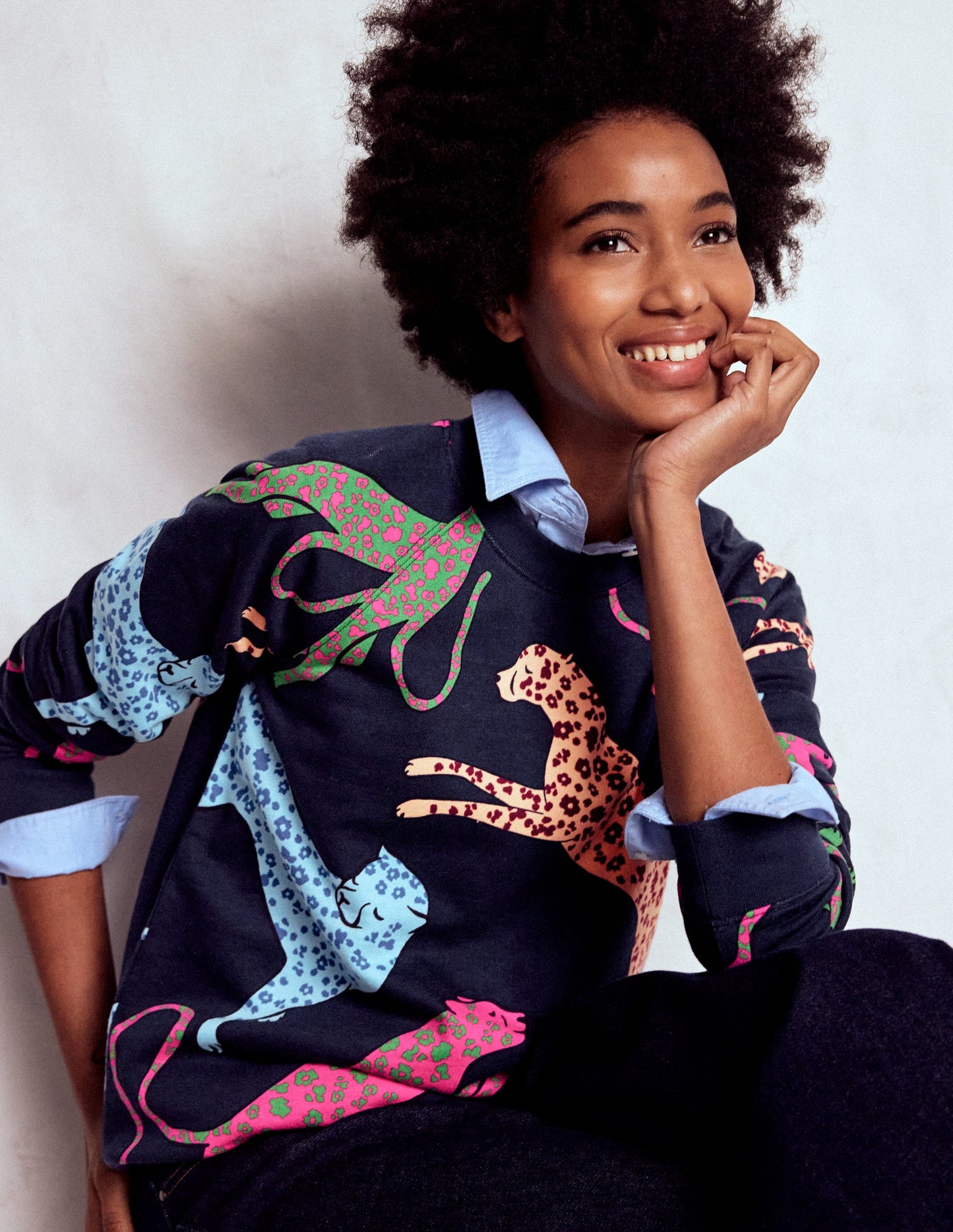 Rosa Printed Sweatshirt-Navy, Leaping Leopard