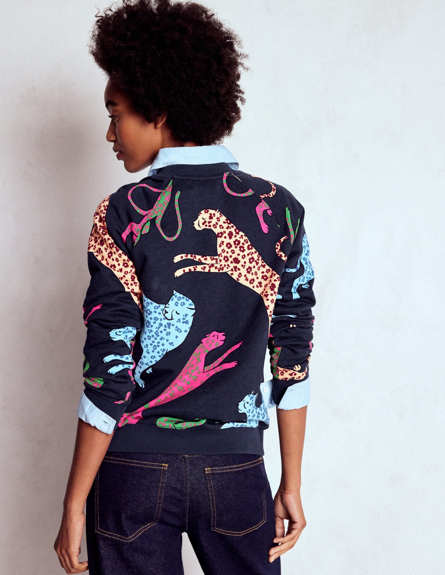 Rosa Printed Sweatshirt-Navy, Leaping Leopard
