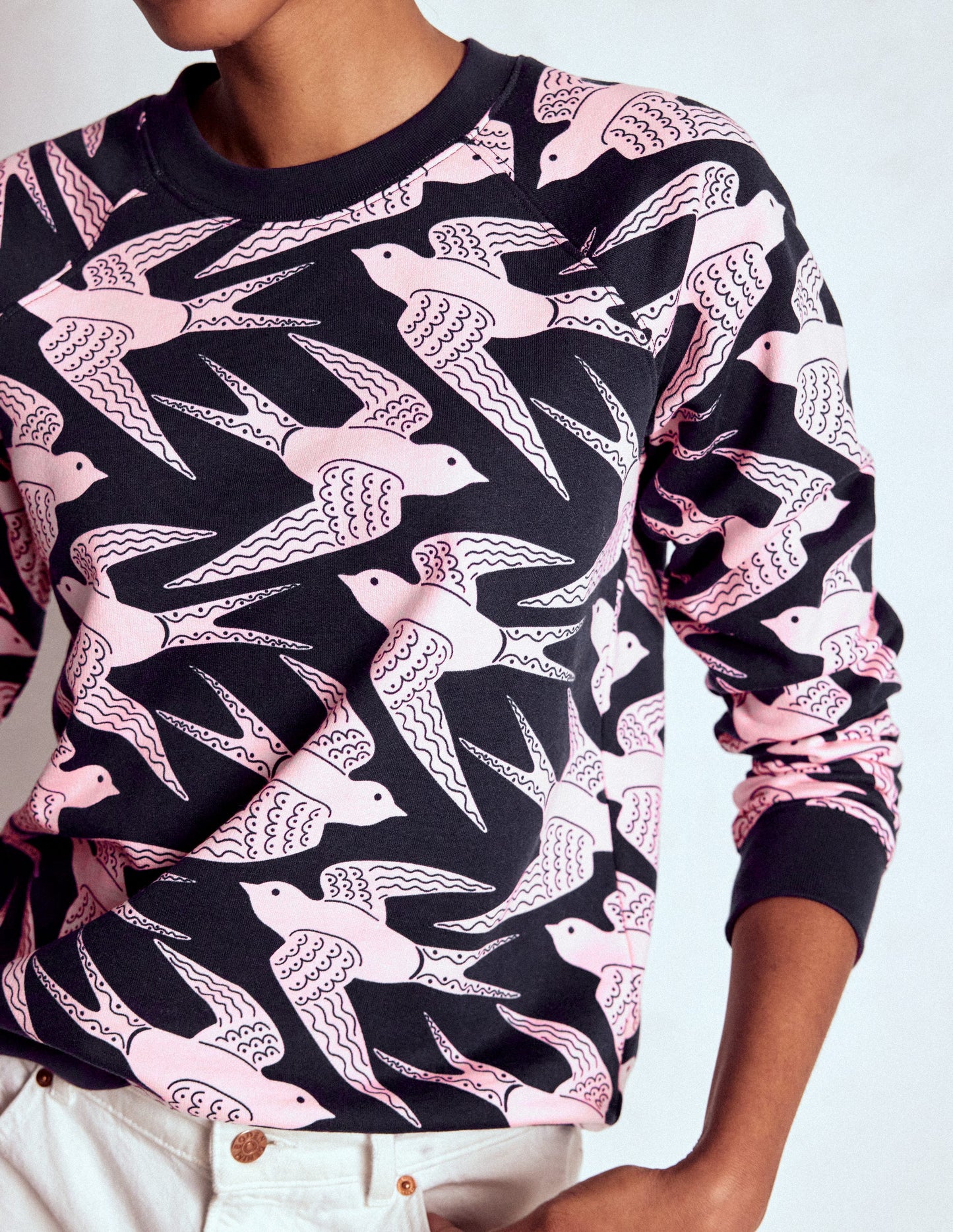 Rosa Printed Sweatshirt-Navy, Pink Swooping Swallow