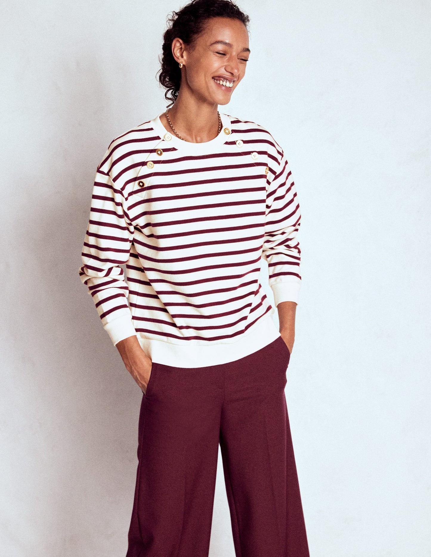 Button Detail Sweatshirt-Deep Wisteria, Ivory