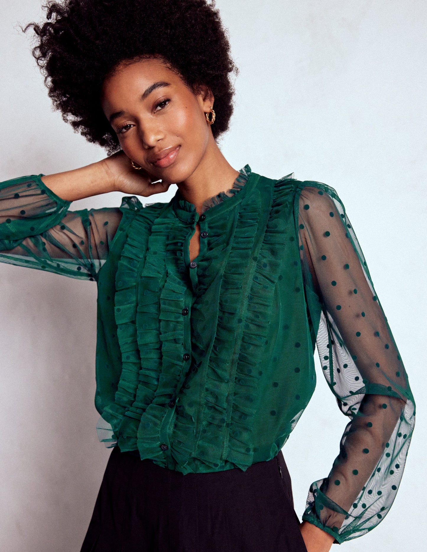 Frilled Tulle Blouse-Emerald Night