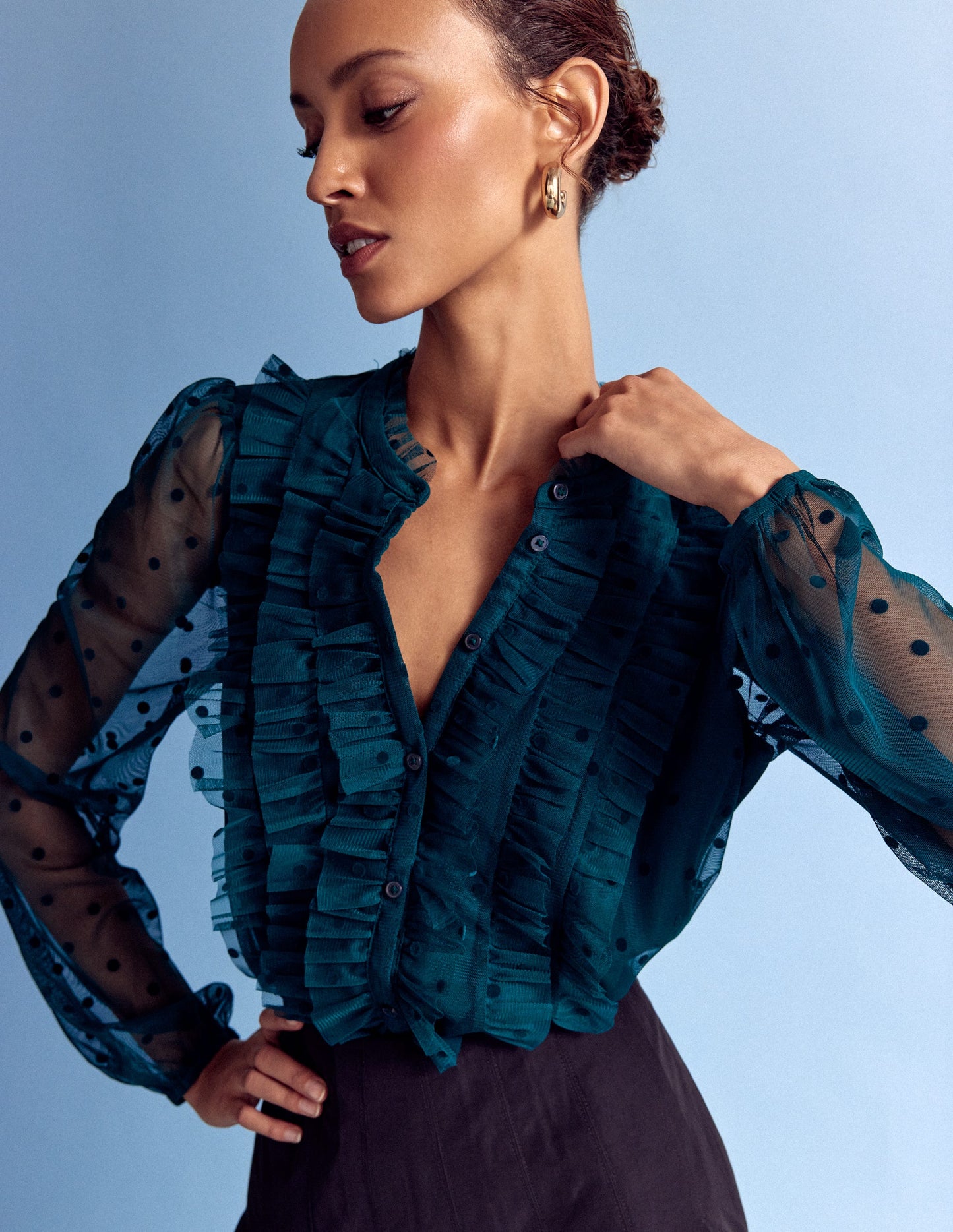 Frilled Tulle Blouse-Emerald Night