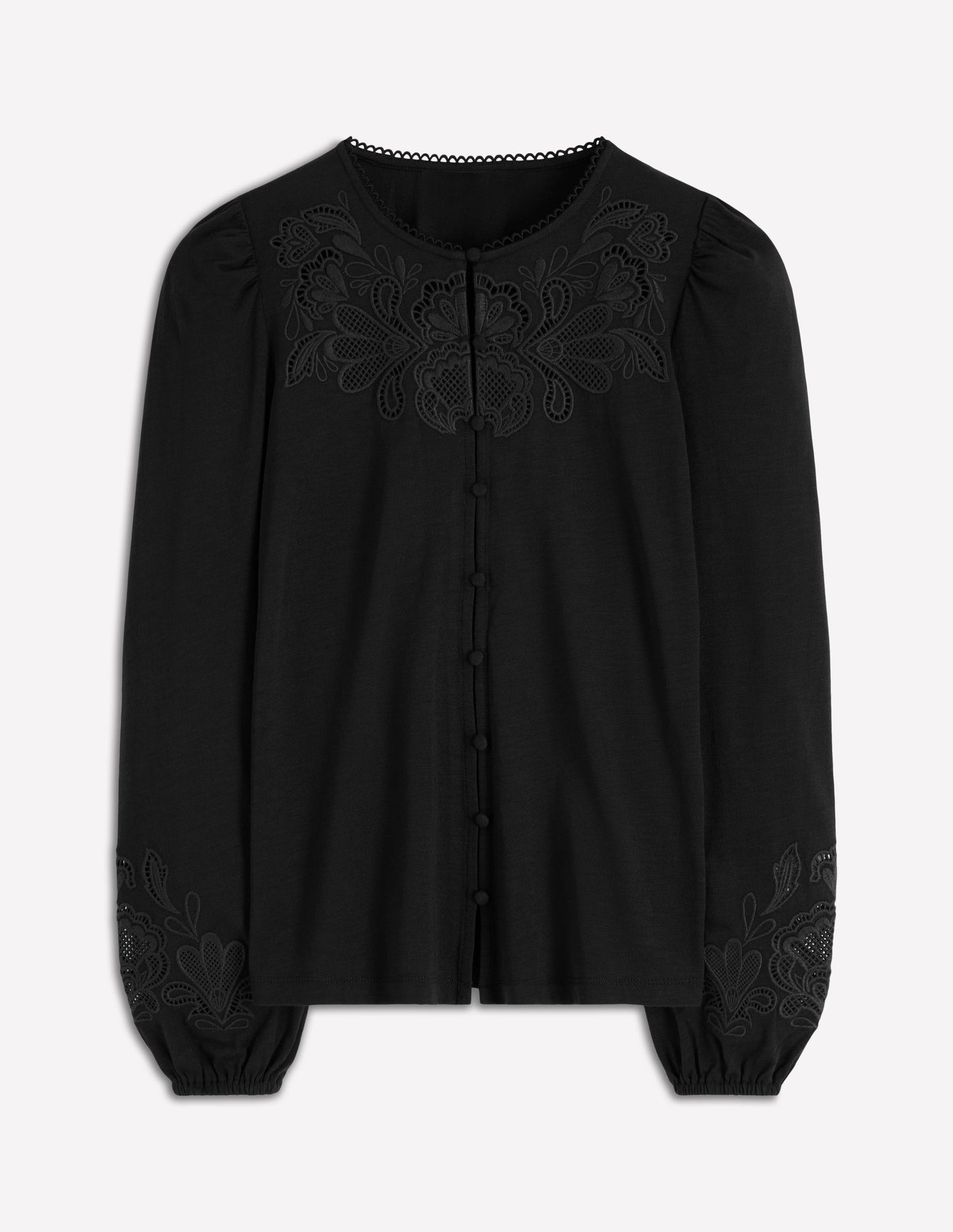 Cutwork Detail Jersey Top-Black