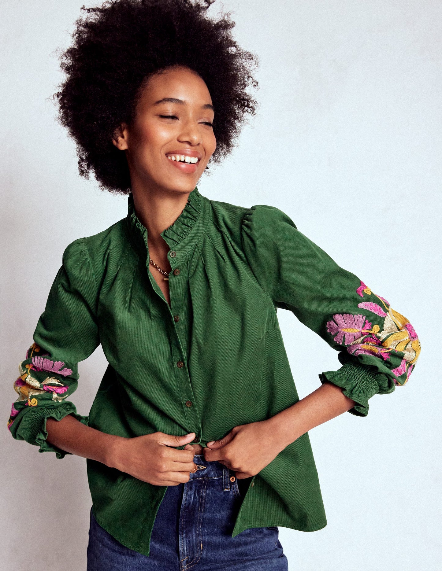Lorna Cord Top-Hunter Green Embroidered