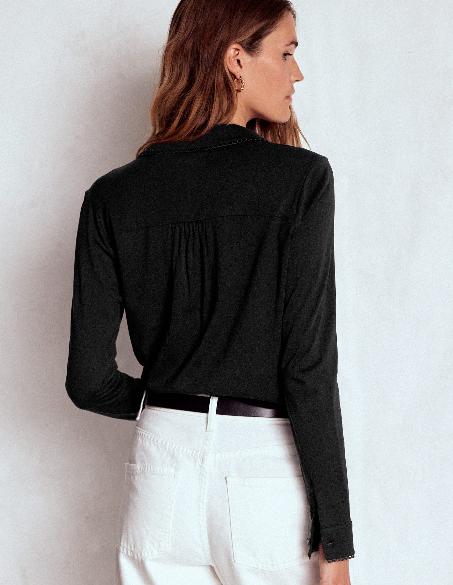 Picot Trim Jersey Shirt-Black