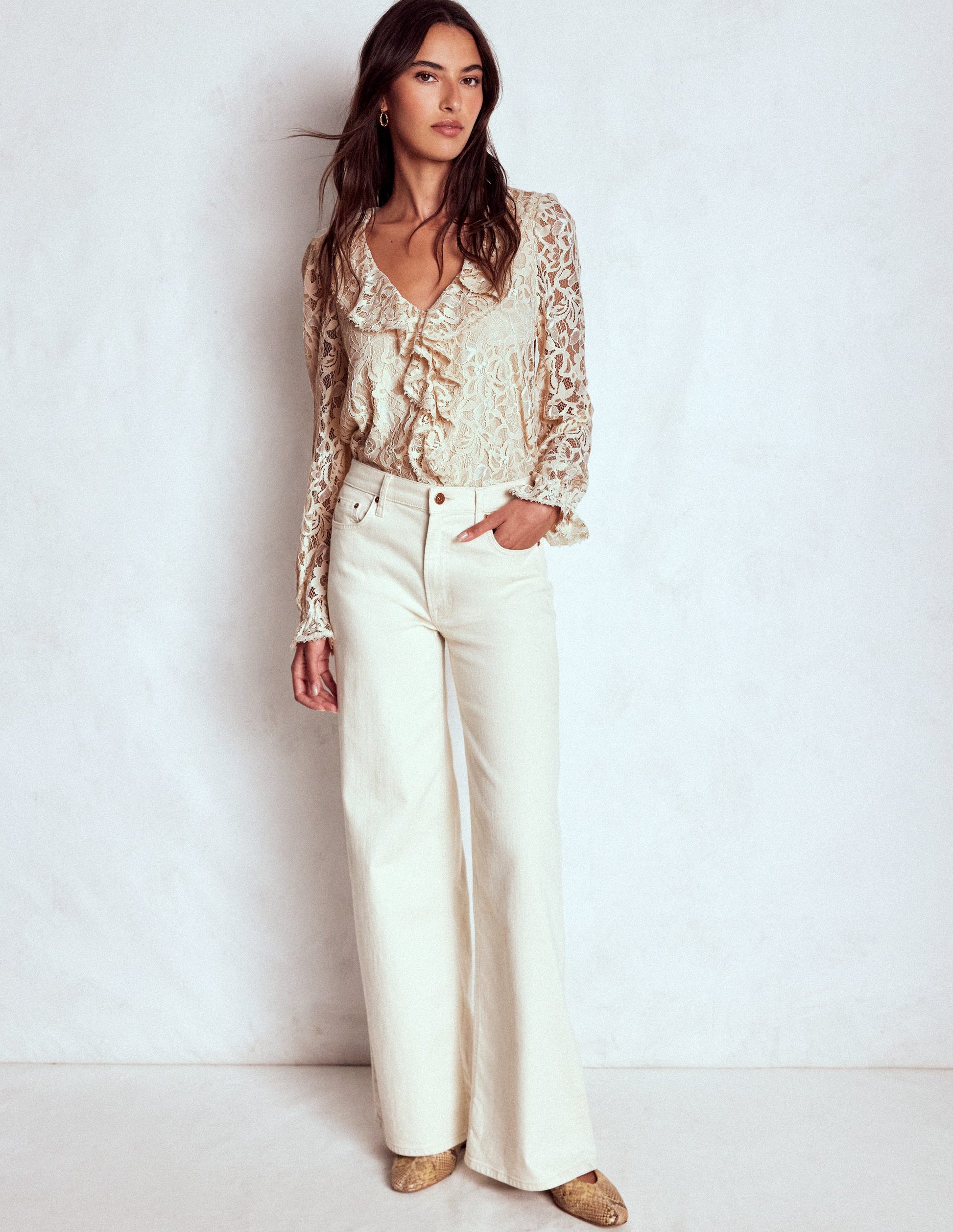 Ruffle Detail Lace Blouse-Ivory-2