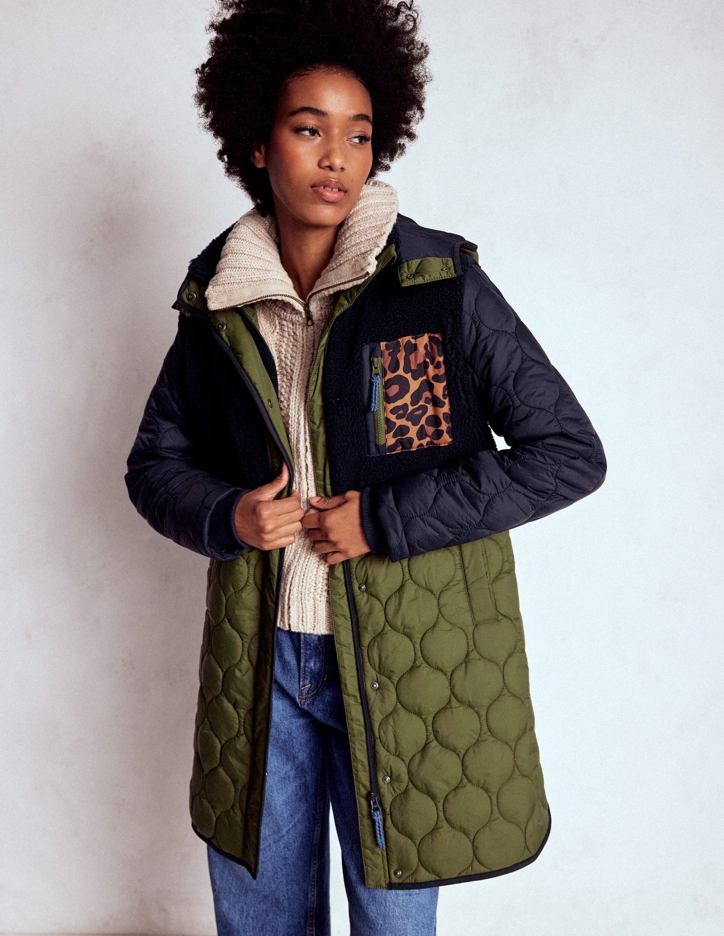 Borg Mix Coat-Navy & Khaki Mix