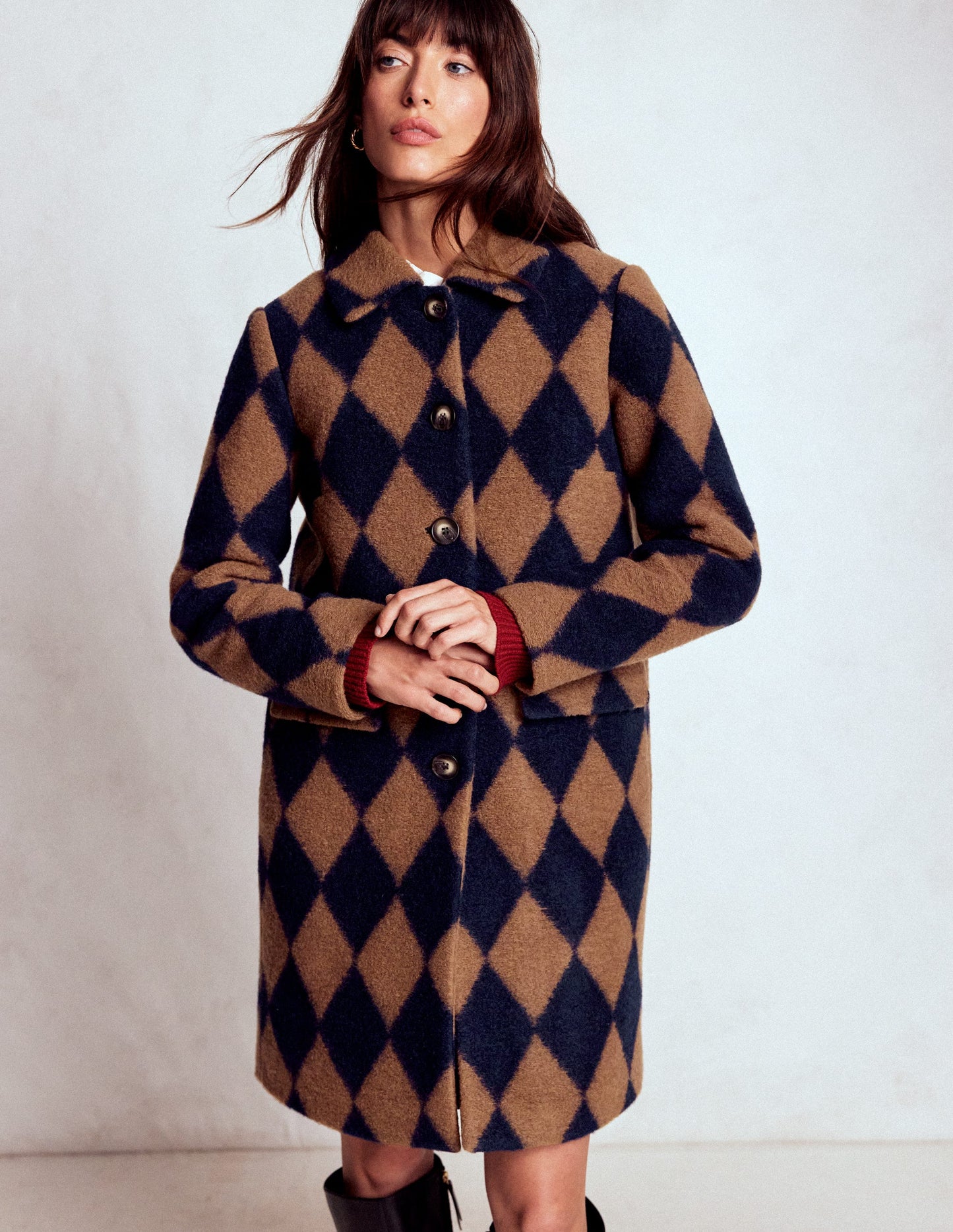Edinburgh Swing Coat-Camel and Navy Argyle