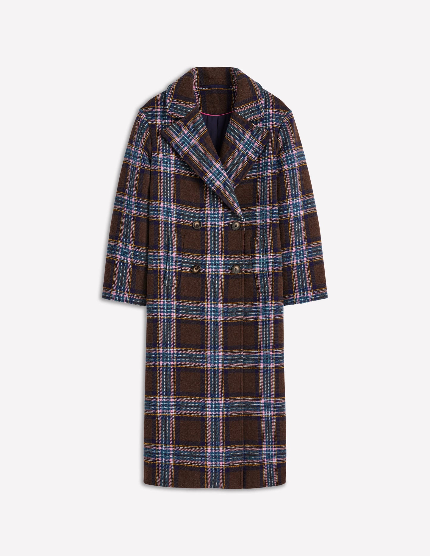 Cocoon Wool Coat-Brown, Teal and Pink Check
