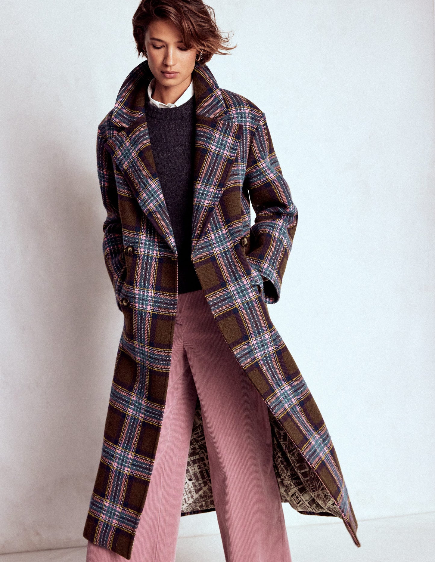 Cocoon Wool Coat-Brown, Teal and Pink Check