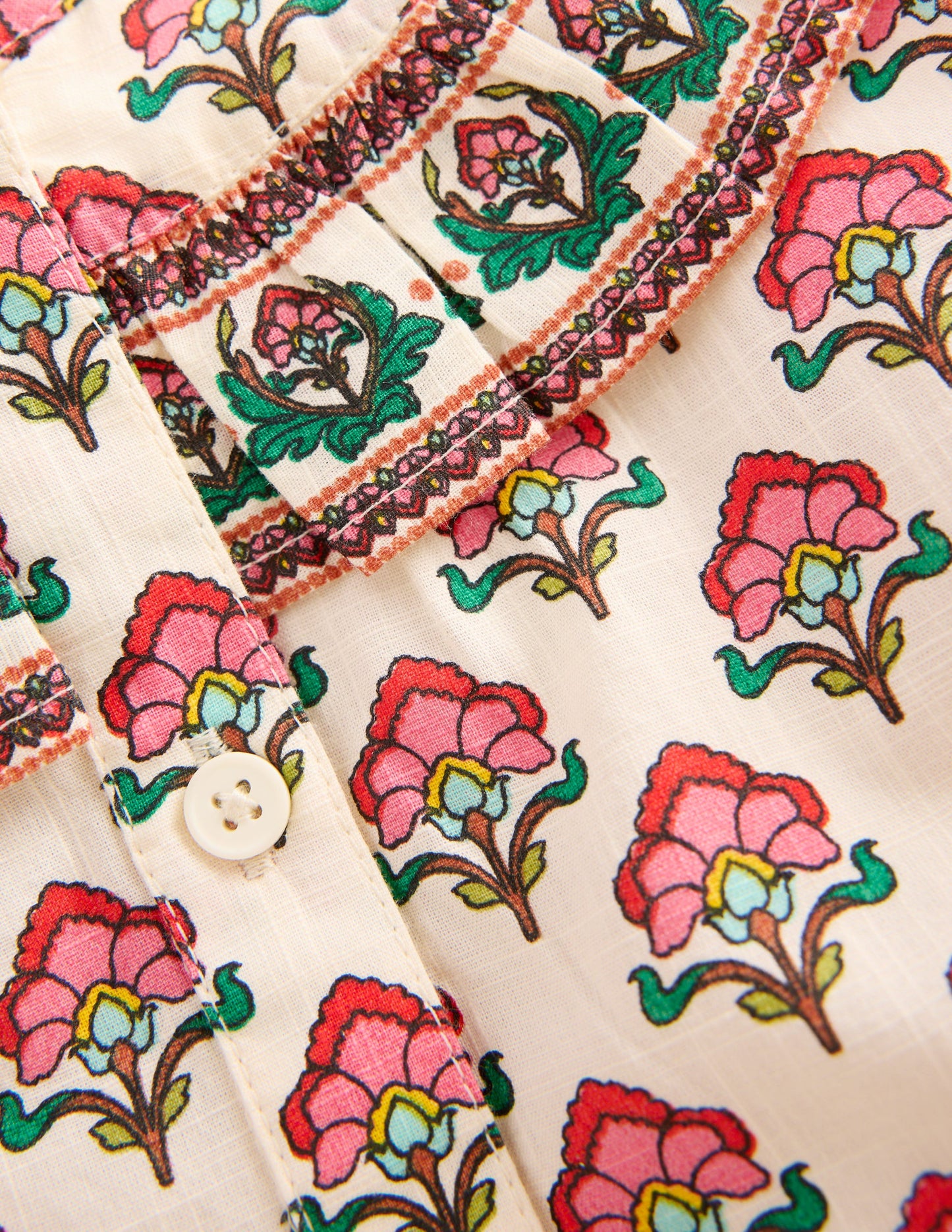 Frill Yoke Blouse-Woodlblock Flower