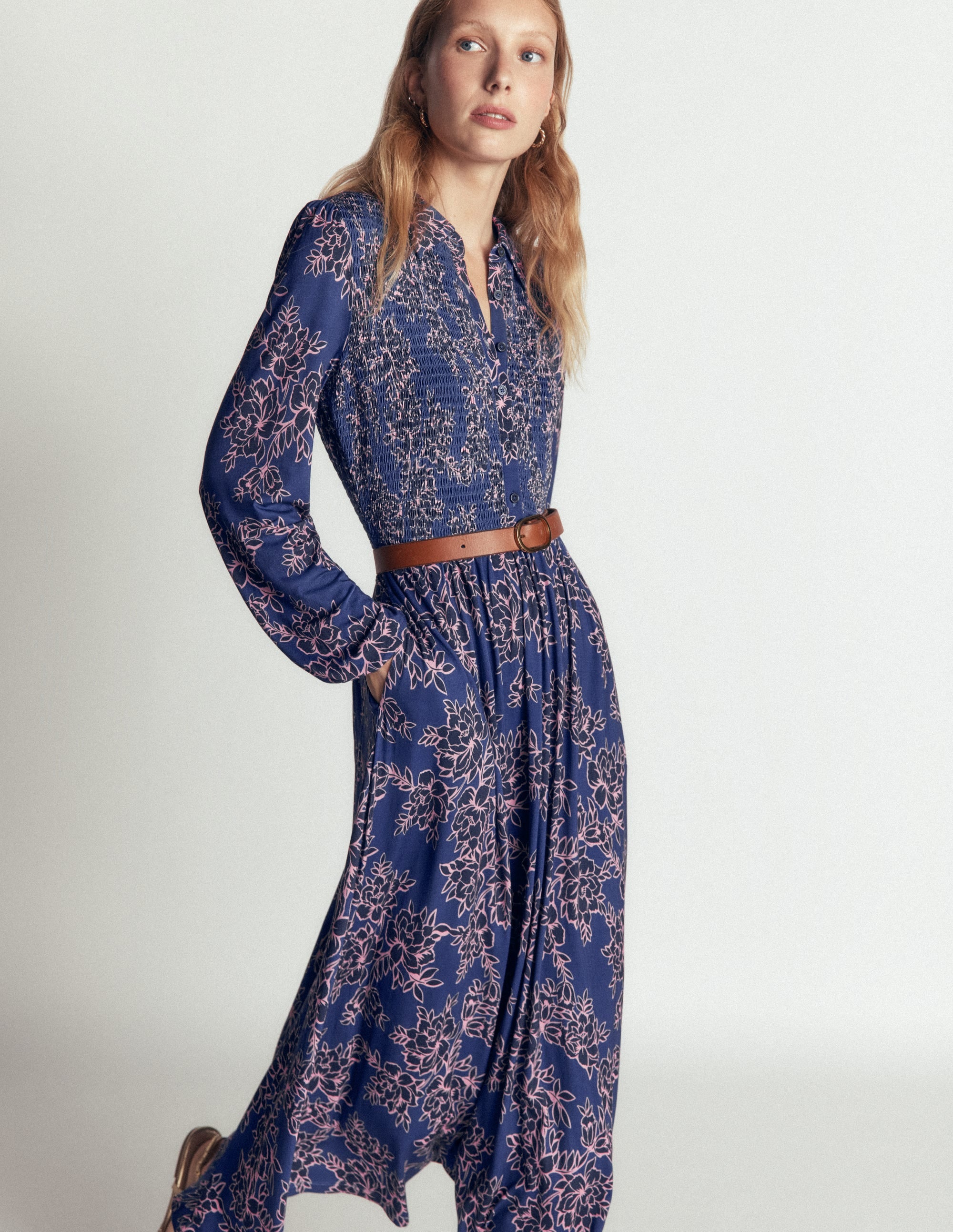 boden smocked detail jersey dress - Denim Blue, Enchanted Peony tag::WINTERSALE25
