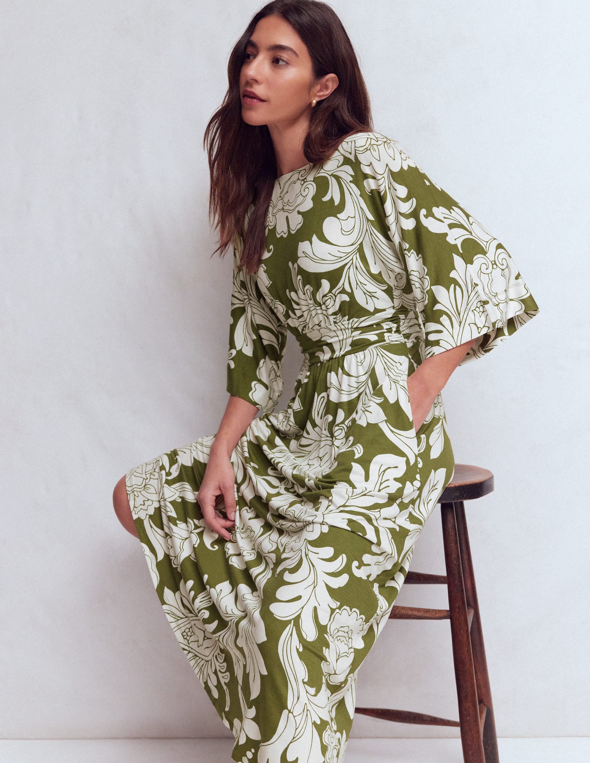 Imelda Kimono Jersey Dress-Olive, Botanical Flourish Mono | Boden Global Imelda Kimono Jersey Dress-Olive, Botanical Flourish Mono | Boden Global