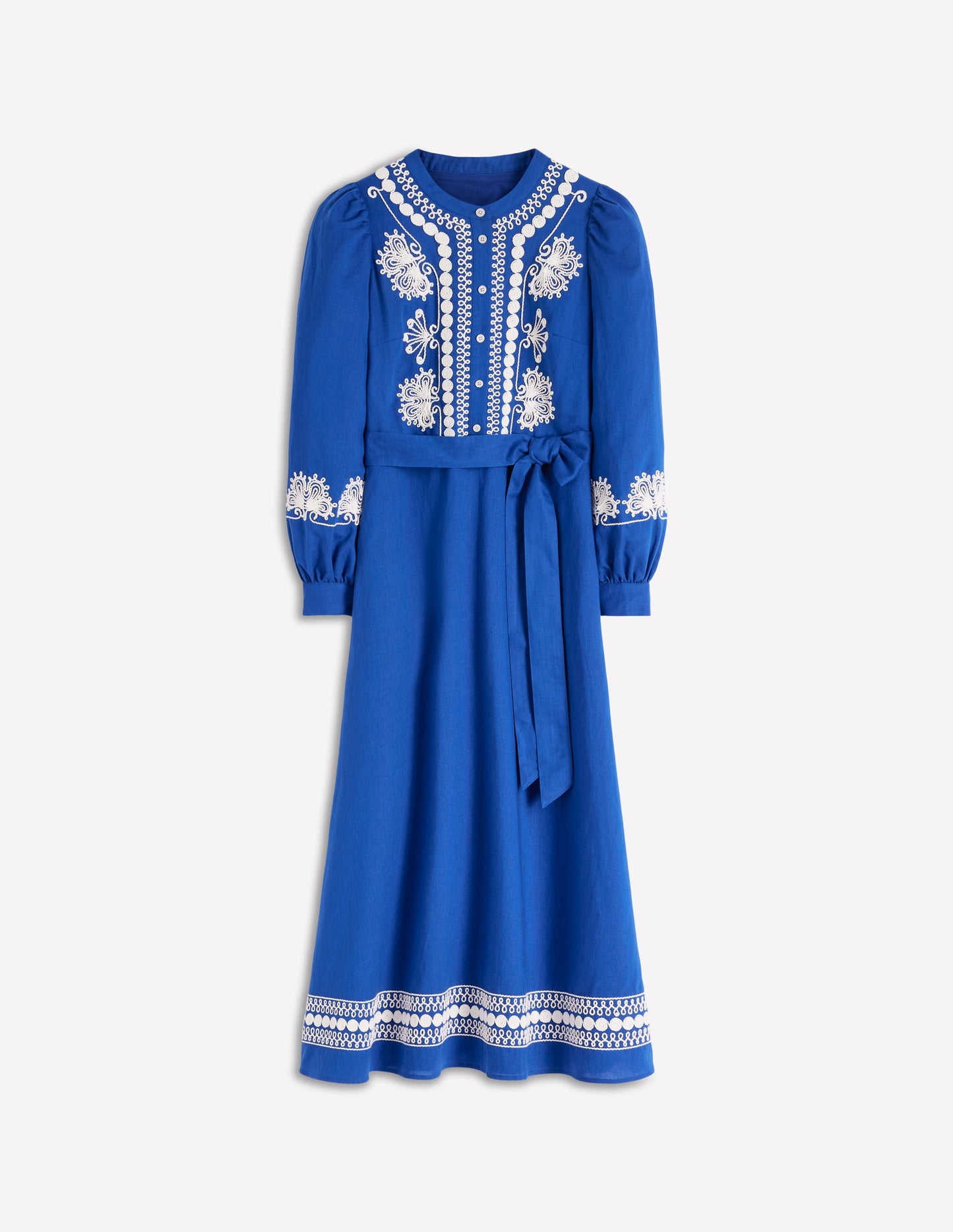 Ava Linen Blend Midi Dress-Blue Embroidery