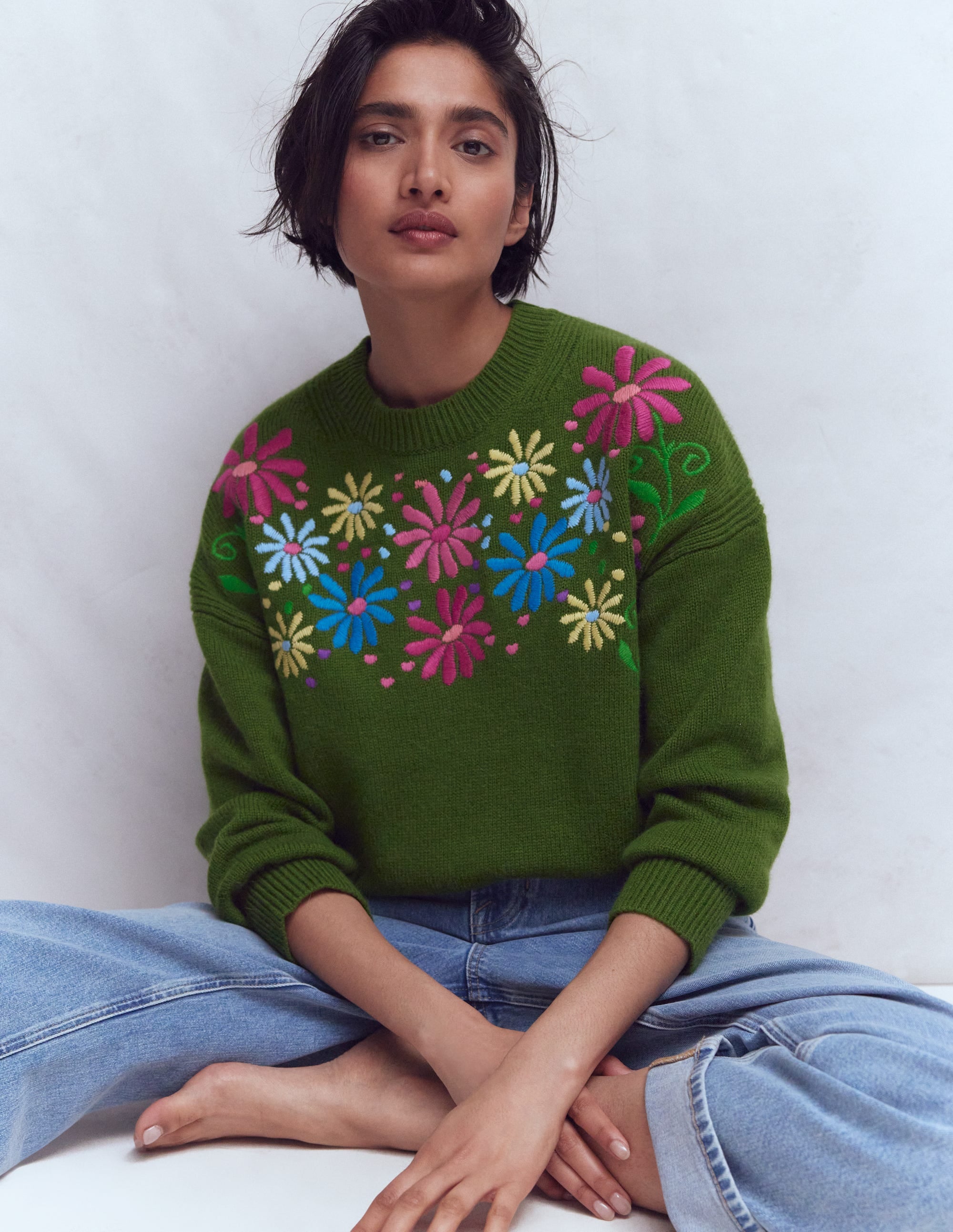 Isa Embroidered Jumper-Herb Garden, Green Flowers | Boden Global