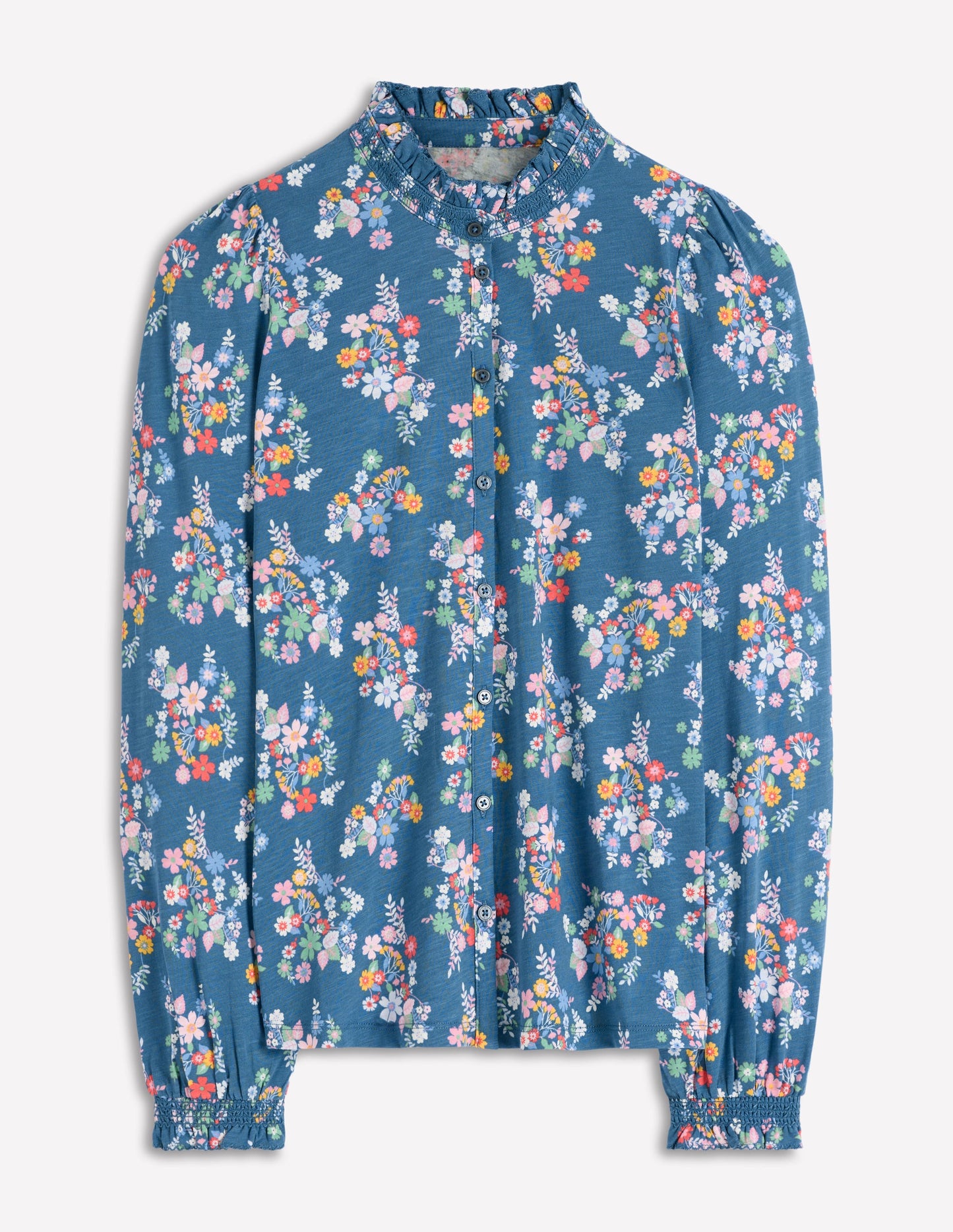 Effie Smocked Detail Shirt-Blue, Blossom Cluster