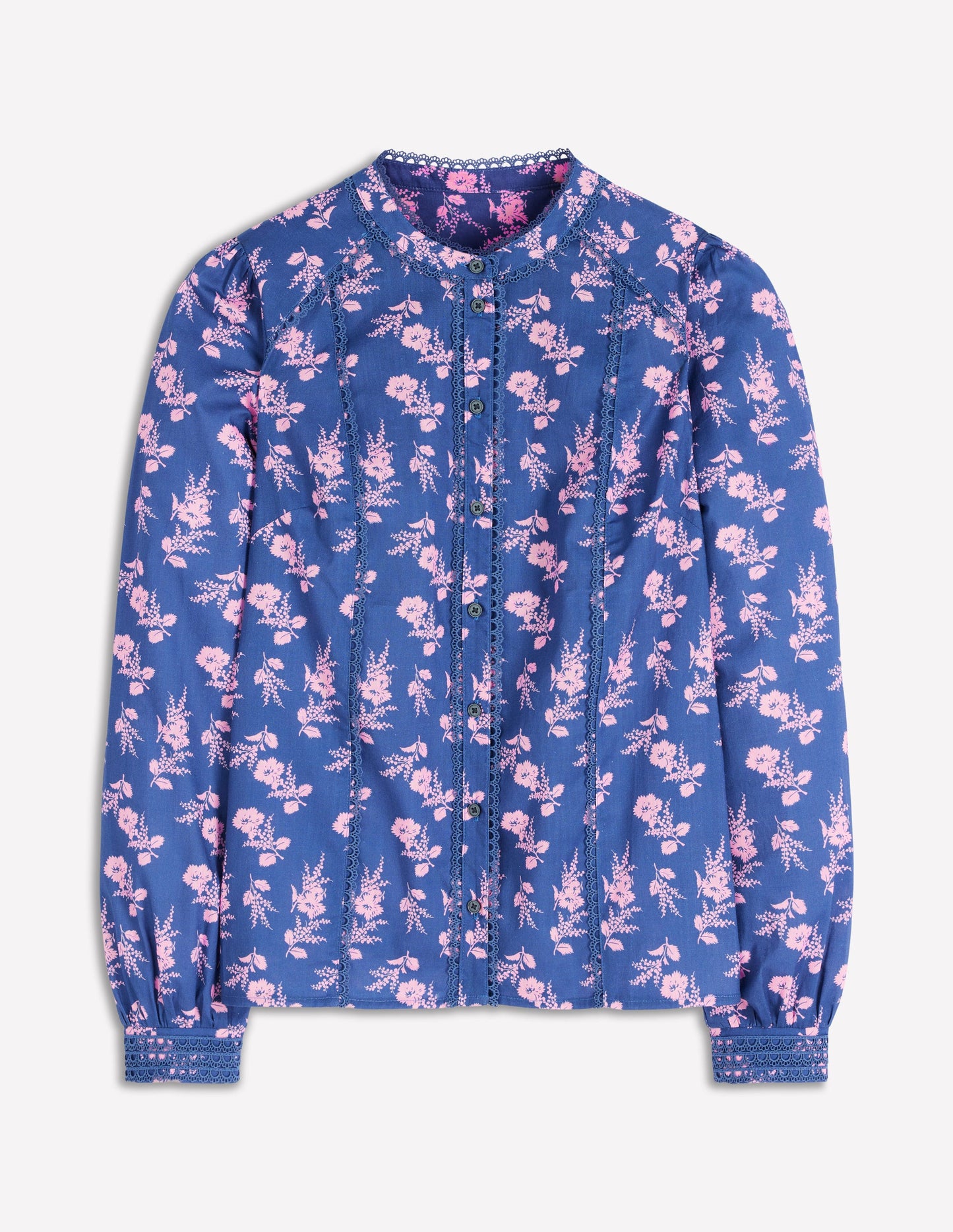 Rhea Trim Detail Cotton Top-Blue, Blossomy Sprig