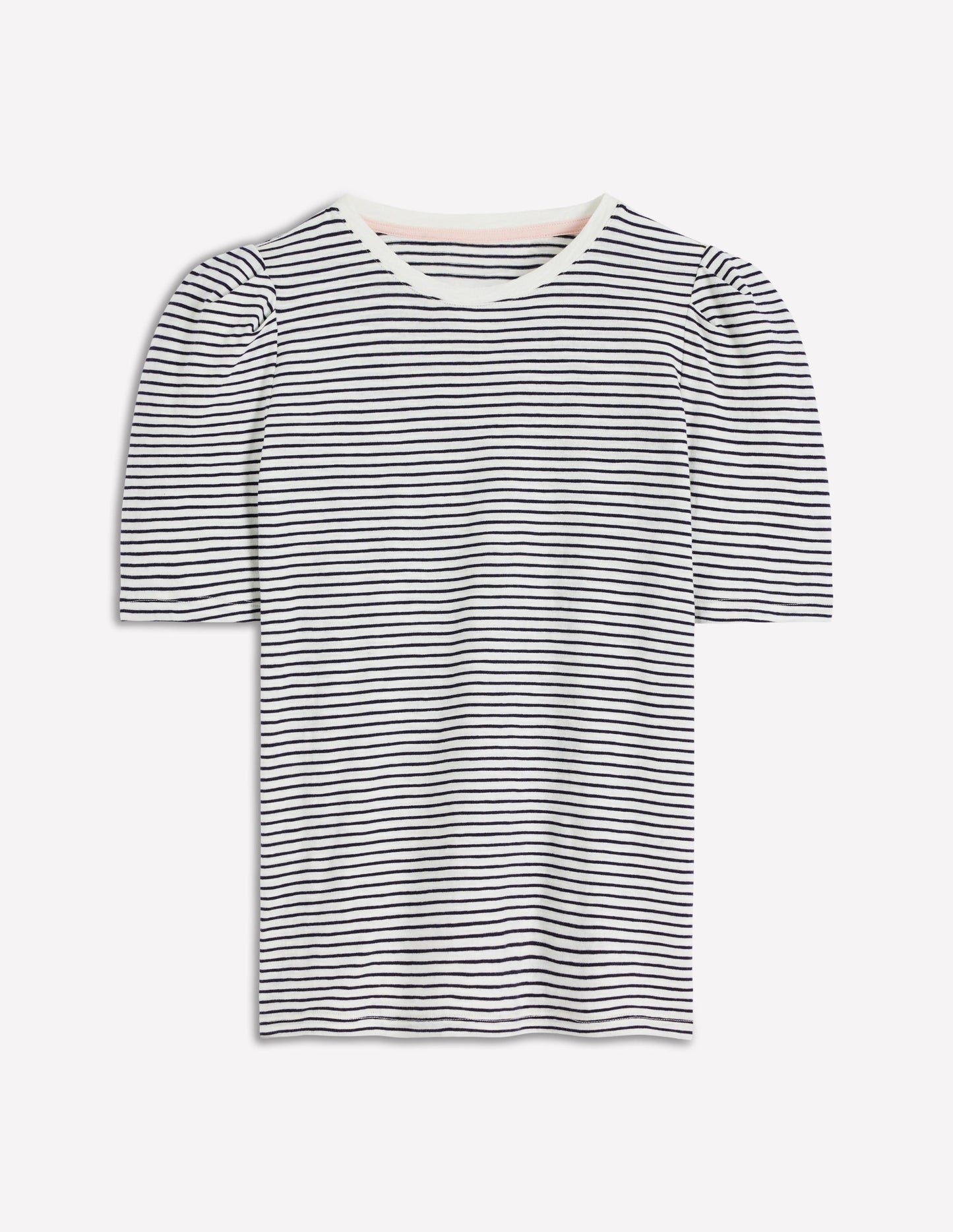 Pleat Sleeve T-shirt-Navy and Ivory Stripe