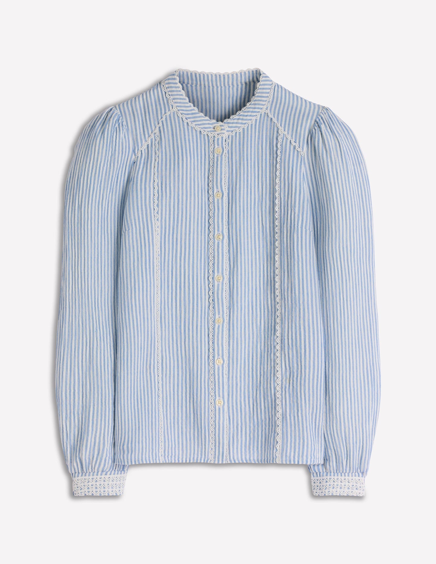 Rhea Trim Doublecloth Top-Faded Denim and Ivory Stripe