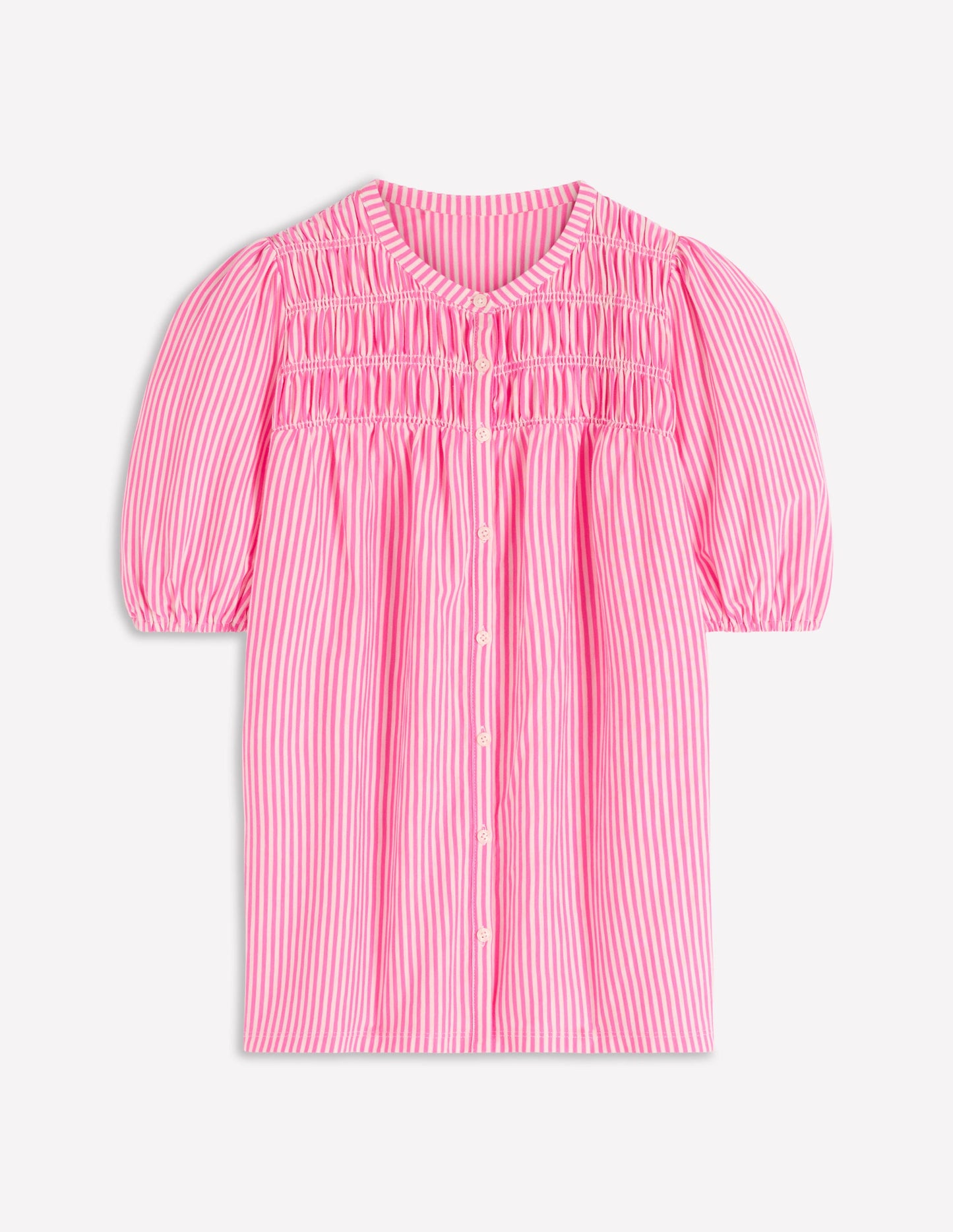 Mya Short Sleeve Smocked Shirt-Pink Punch and Ivory Stripe