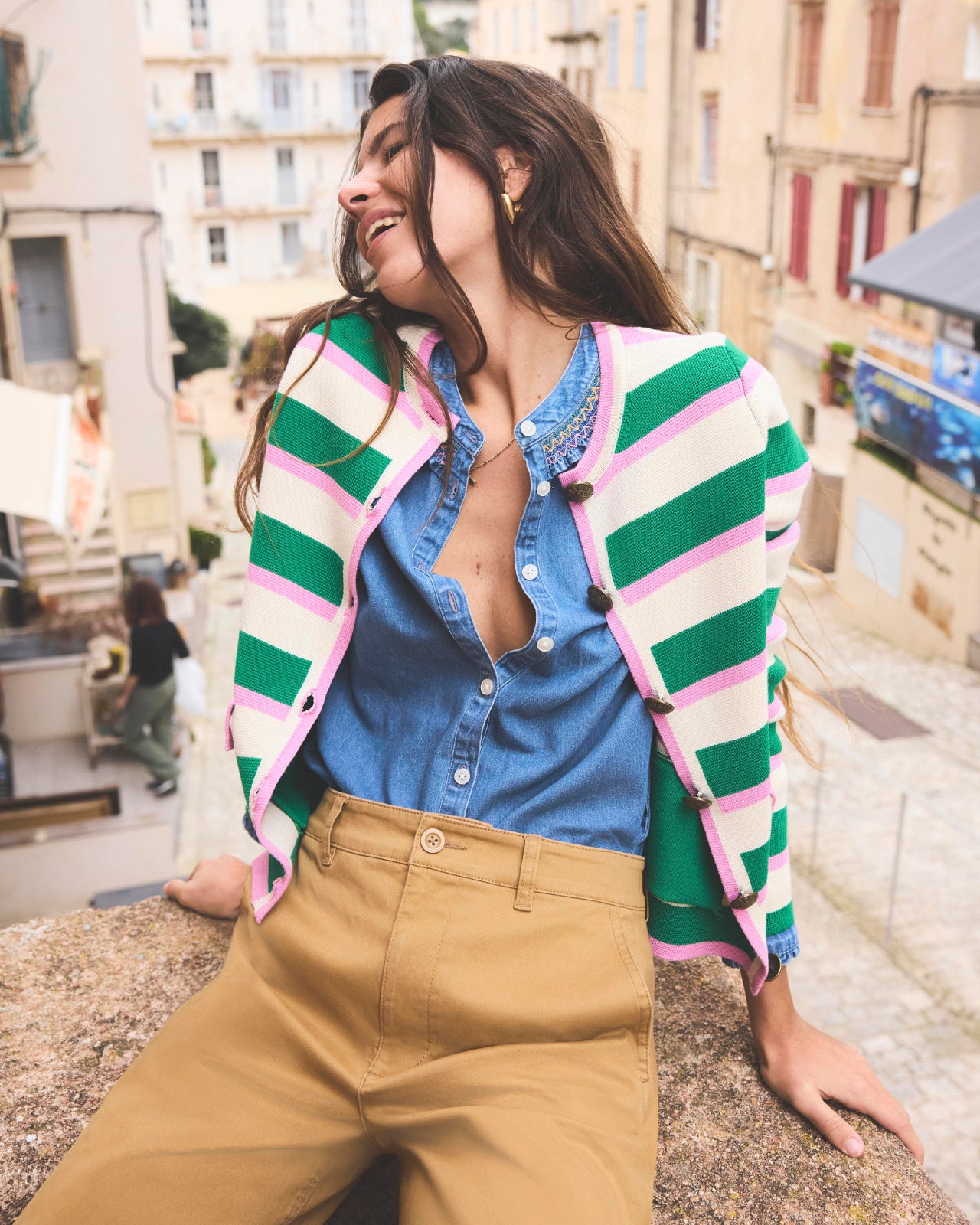 "Shop the Cardigan" linking to Boden Holly Knitted Jacket - Rich Emerald Green, Pink Stripe