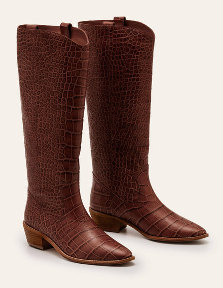 Allendale Knee High Boots-Mahogany Croc