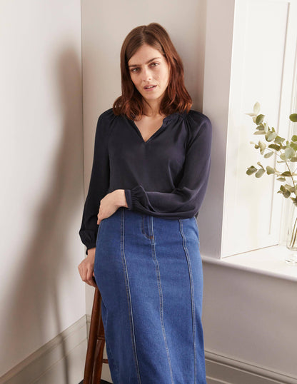 Kitty Smocked Neck Blouse-Navy-3