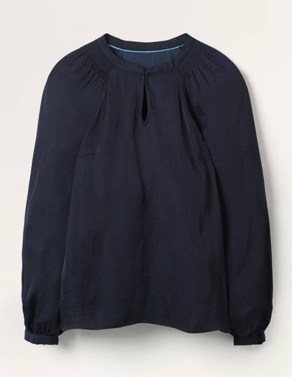 Kitty Smocked Neck Blouse-Navy-4
