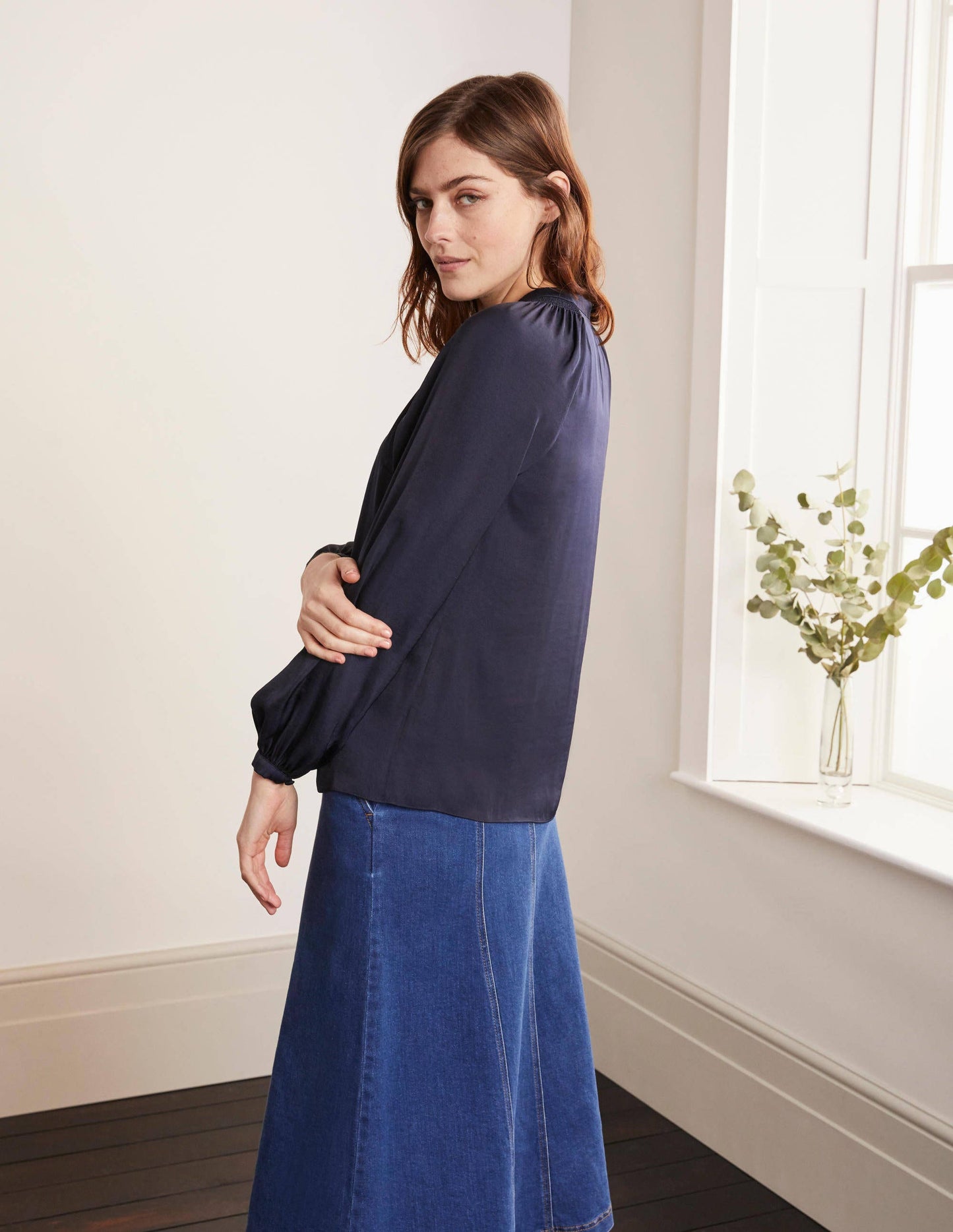 Kitty Smocked Neck Blouse-Navy