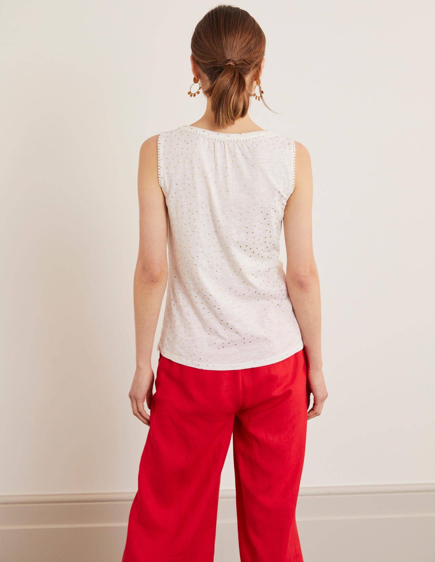 Dara Pompom Jersey Shirt-Ivory/Gold Foil, Polka Dot